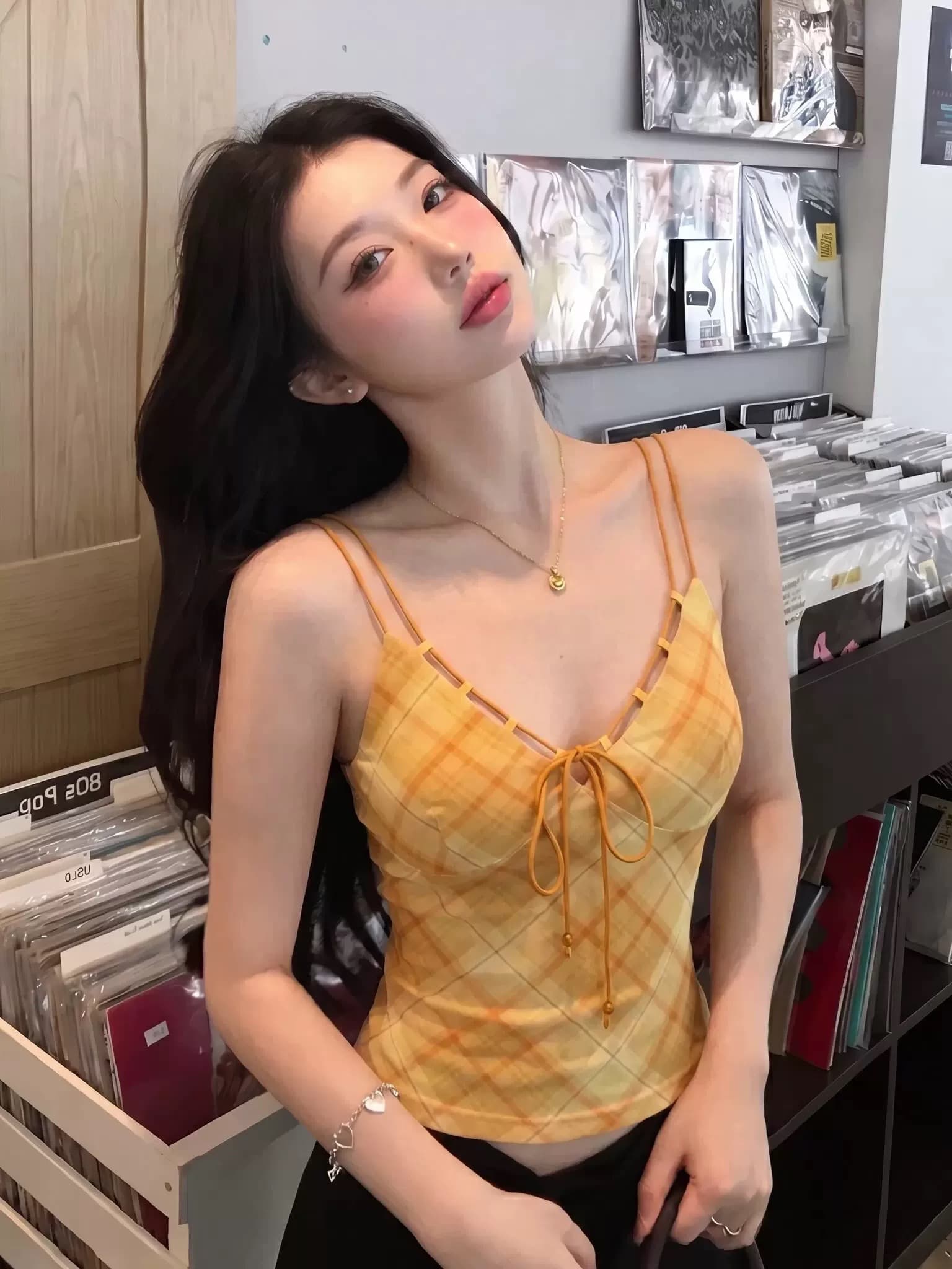 아메리칸 레트로 주황색 체크무늬 V넥 캐미솔 여름 외출용 인사이드 가져 가라. 몸매 가꾸기 순수한 욕망 핫걸 아름다움 뒤쪽에 의류 상세 이미지 4