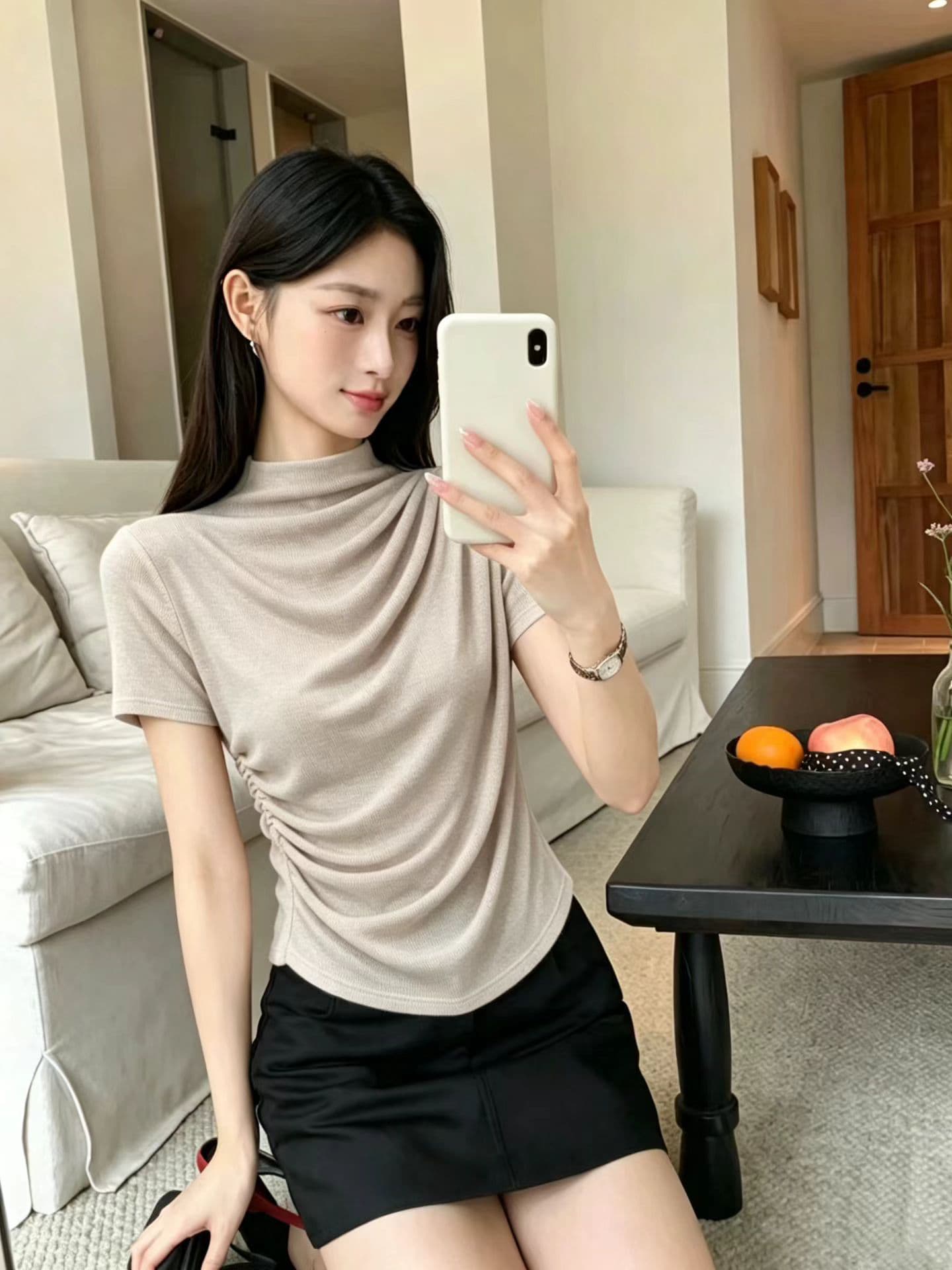 프랑스식 반하이넥 불규칙 주름 반팔 티셔츠 여성 2026 여름 새로운 디자인 센스 품격 허리 수축 맨위 이미지 2
