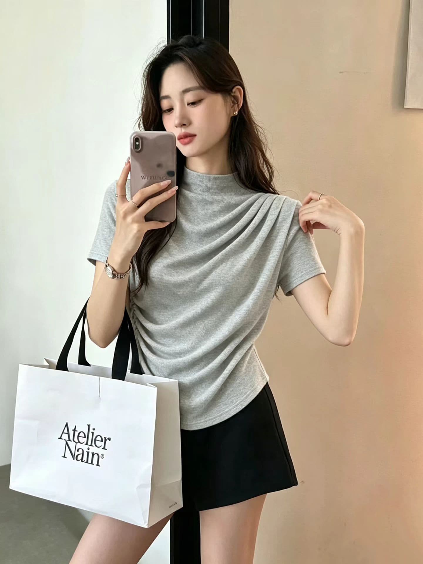 프랑스식 반하이넥 불규칙 주름 반팔 티셔츠 여성 2026 여름 새로운 디자인 센스 품격 허리 수축 맨위 이미지 3