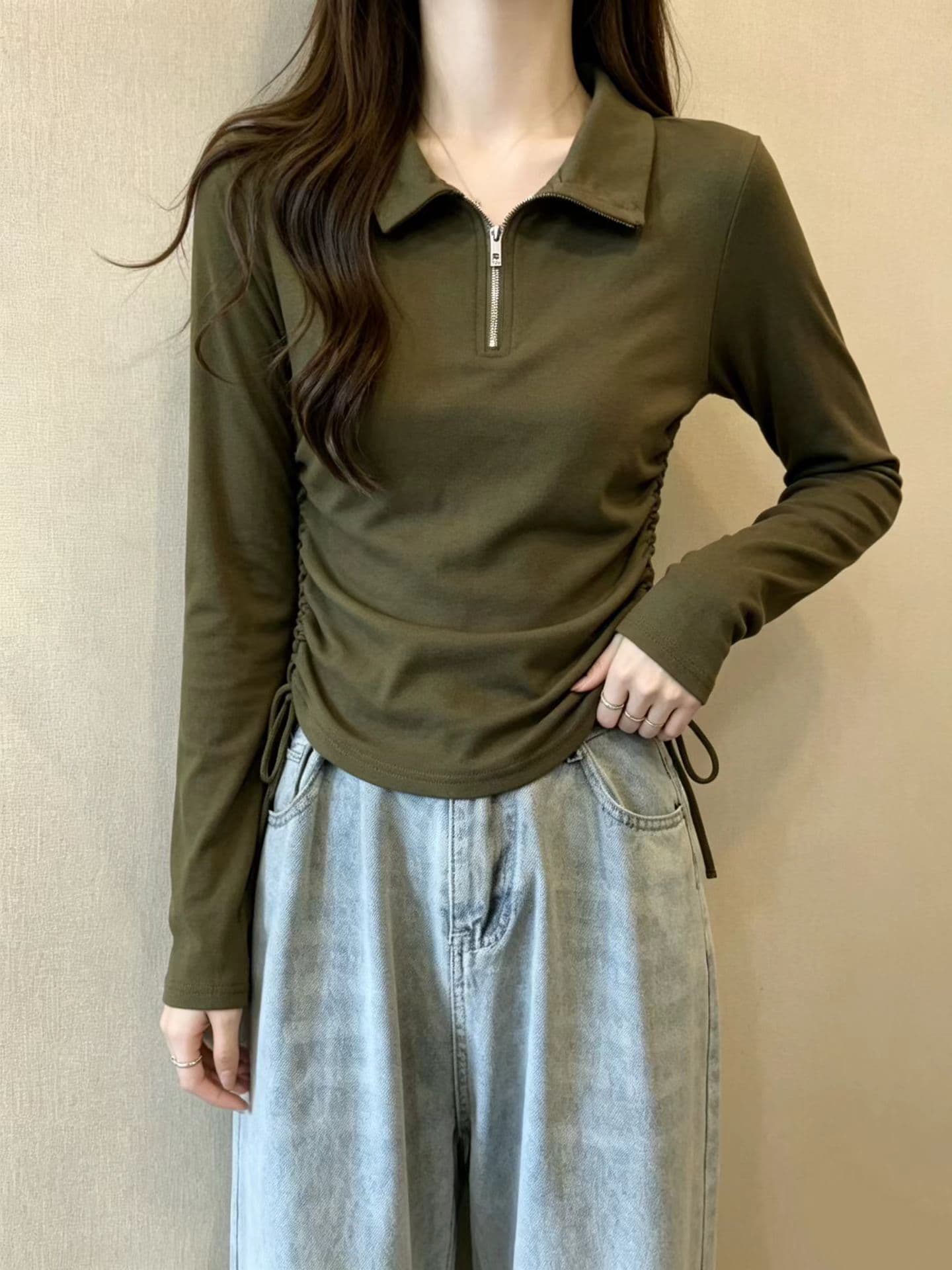 긍정적 인 어깨 POLO 칼라 긴팔 티셔츠 여성 이른 가을 빅 사이즈 기본 셔츠 지방 mm 슬림해 보이는 디자인 센스 쇼트 스타일 펌프 로프 맨위 이미지 3