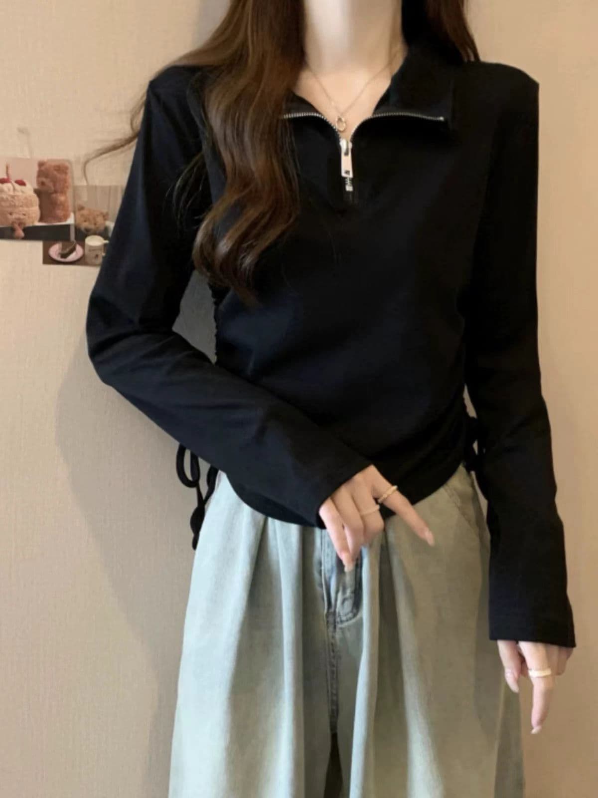 긍정적 인 어깨 POLO 칼라 긴팔 티셔츠 여성 이른 가을 빅 사이즈 기본 셔츠 지방 mm 슬림해 보이는 디자인 센스 쇼트 스타일 펌프 로프 맨위 상세 이미지 7