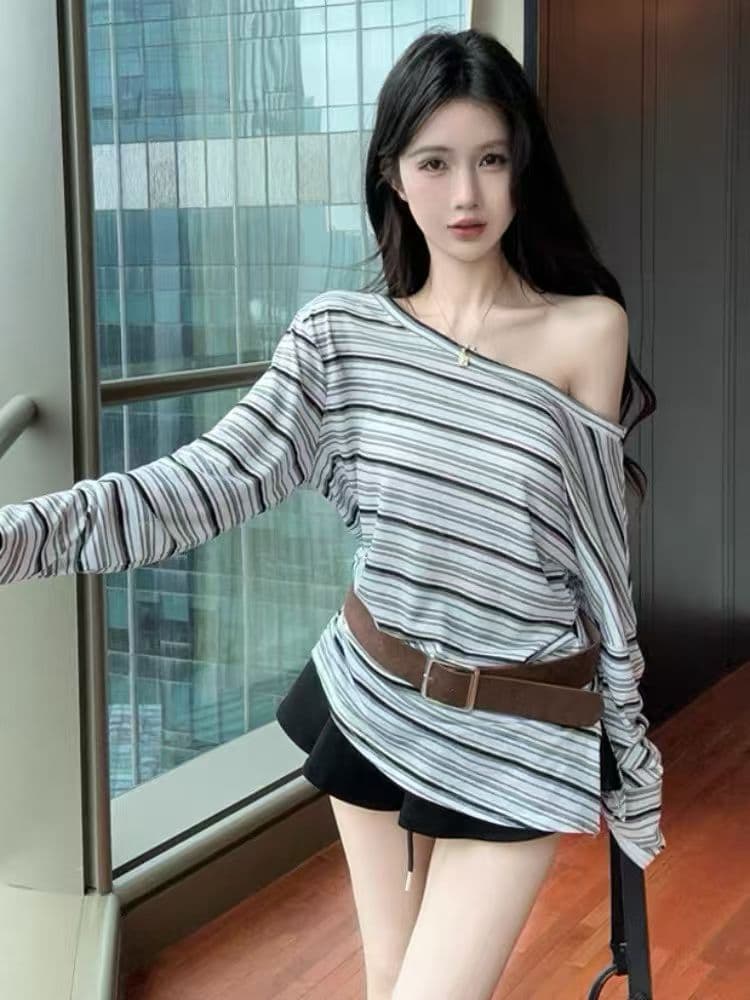 조기 가을 얇은 스타일 허리 수축 불규칙 펌프 Pleat 보트넥 오프숄더 맨위 한 부서 스트라이프 비스듬한 어깨 긴팔 티셔츠 여성