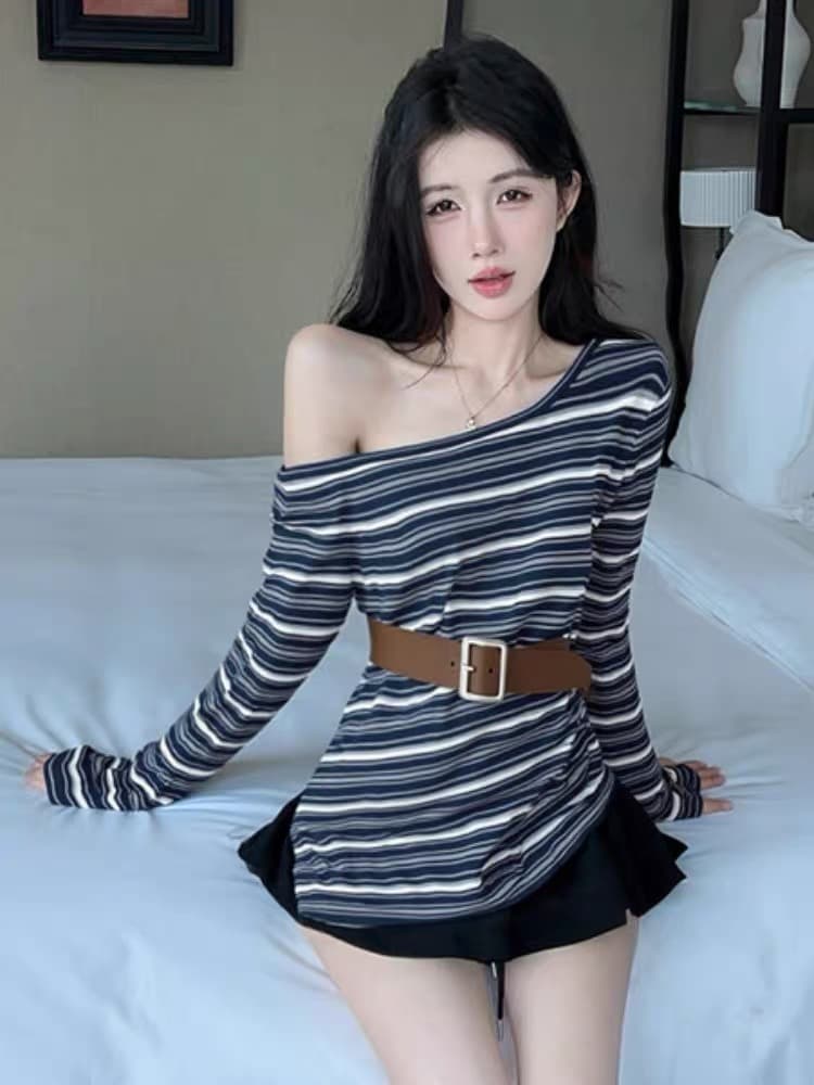 조기 가을 얇은 스타일 허리 수축 불규칙 펌프 Pleat 보트넥 오프숄더 맨위 한 부서 스트라이프 비스듬한 어깨 긴팔 티셔츠 여성 상세 이미지 1