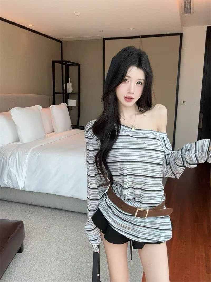 조기 가을 얇은 스타일 허리 수축 불규칙 펌프 Pleat 보트넥 오프숄더 맨위 한 부서 스트라이프 비스듬한 어깨 긴팔 티셔츠 여성 상세 이미지 3
