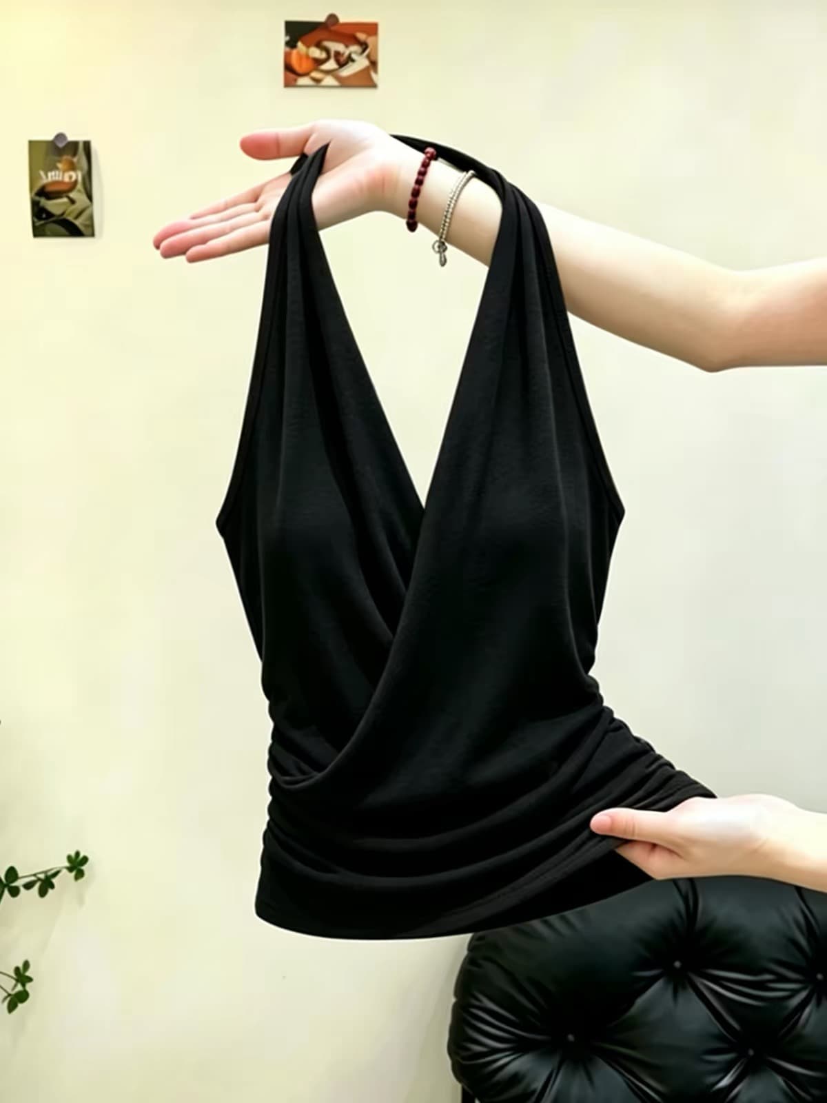 고유 한 품격 검정색 V넥 행침 목 민소매 조끼 여성 여름 새로운 작은 대중 아니요 명중 섹션 다용도 슬림해 보이는 맨위 상세 이미지 2