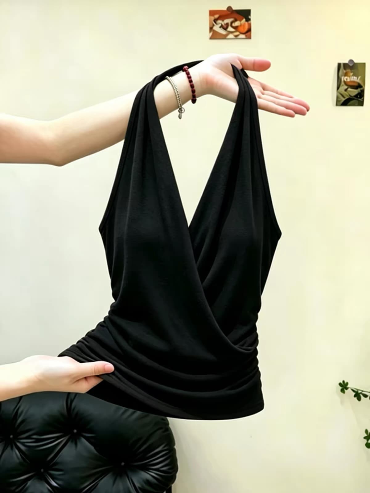 고유 한 품격 검정색 V넥 행침 목 민소매 조끼 여성 여름 새로운 작은 대중 아니요 명중 섹션 다용도 슬림해 보이는 맨위 상세 이미지 4