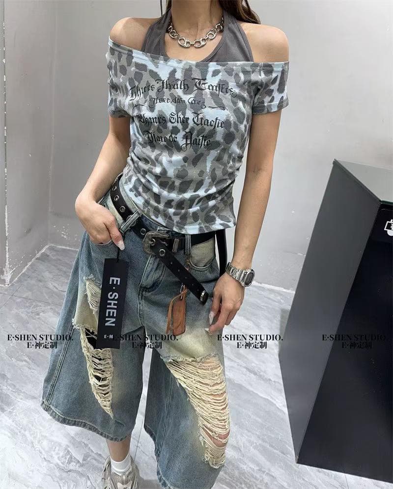 아메리칸 레오파드 무늬 페이크 레이어드 행침 목 보트넥 오프숄더 반팔 티셔츠 여성 레트로 핫걸 알파벳 프린트 맨위 ins
