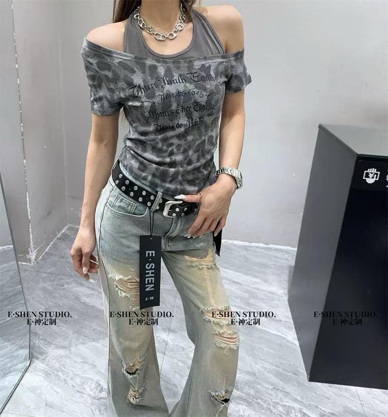 아메리칸 레오파드 무늬 페이크 레이어드 행침 목 보트넥 오프숄더 반팔 티셔츠 여성 레트로 핫걸 알파벳 프린트 맨위 ins 이미지 3