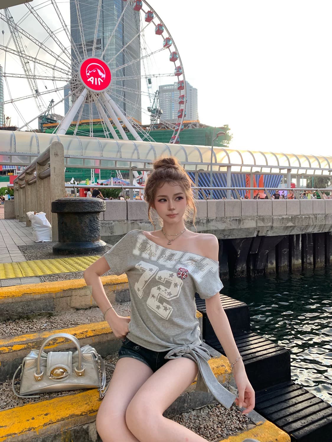 아메리칸 마 오래된 프린트 비스듬한 어깨 반팔 여성 여름 불규칙 허리 수축 천년기 핫걸 짧은 맨위 이미지 3