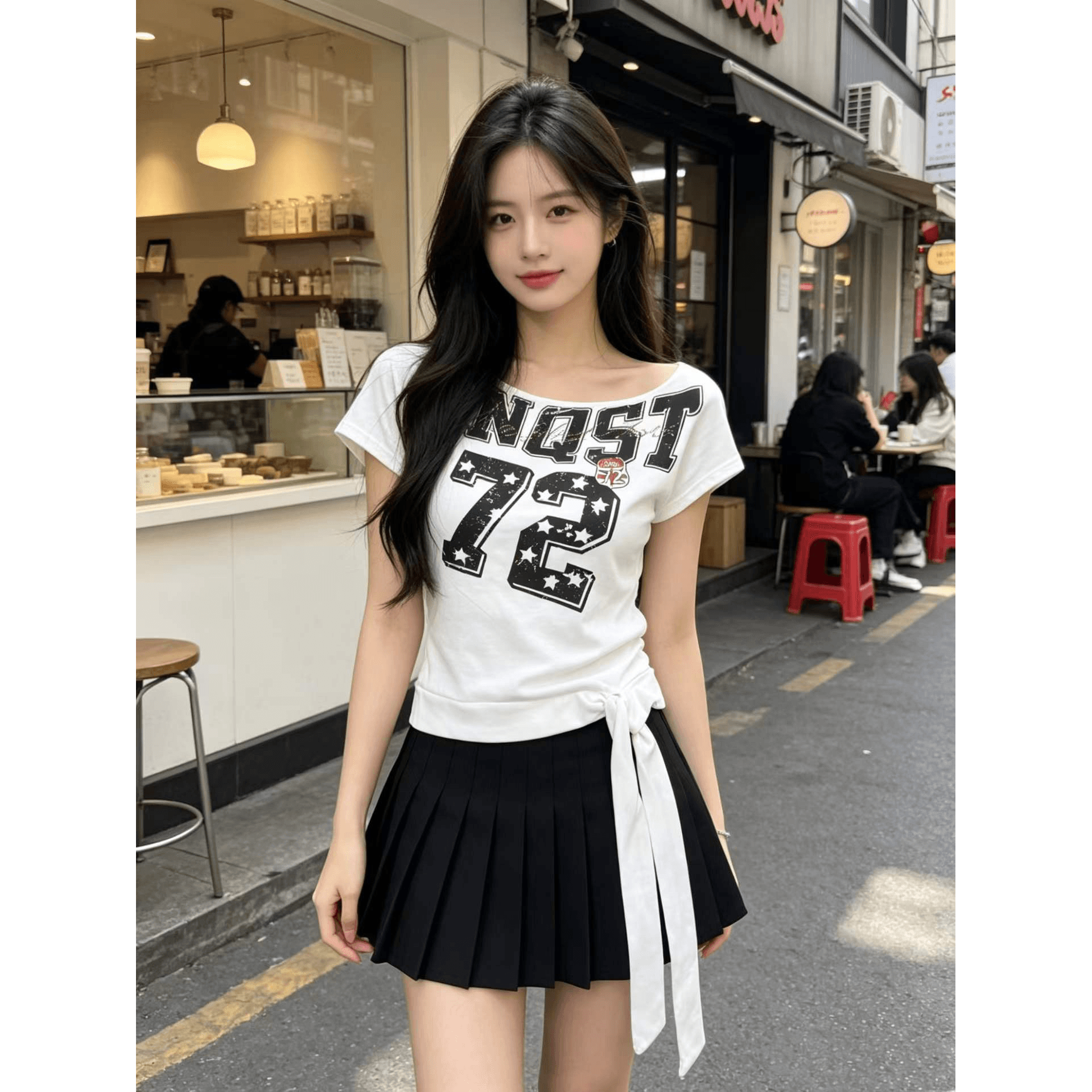 아메리칸 마 오래된 프린트 비스듬한 어깨 반팔 여성 여름 불규칙 허리 수축 천년기 핫걸 짧은 맨위 이미지 5