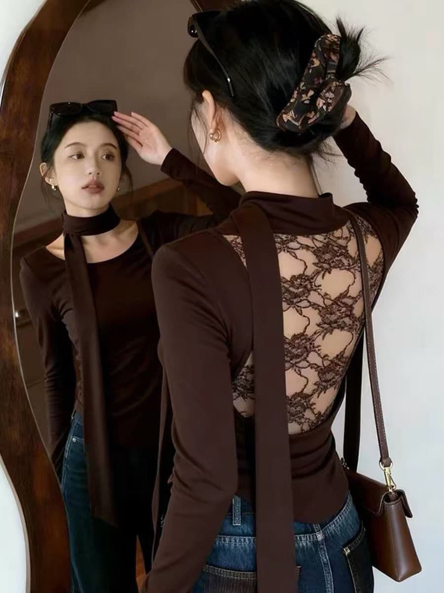 2026 가을 겨울 의류 순수한 욕망 u 칼라 리본 기본 셔츠 여성 섹시함 인사이드 가져 가라. 몸매 가꾸기 긴팔 티셔츠 핫걸 쇼트 스타일 맨위 상세 이미지 1
