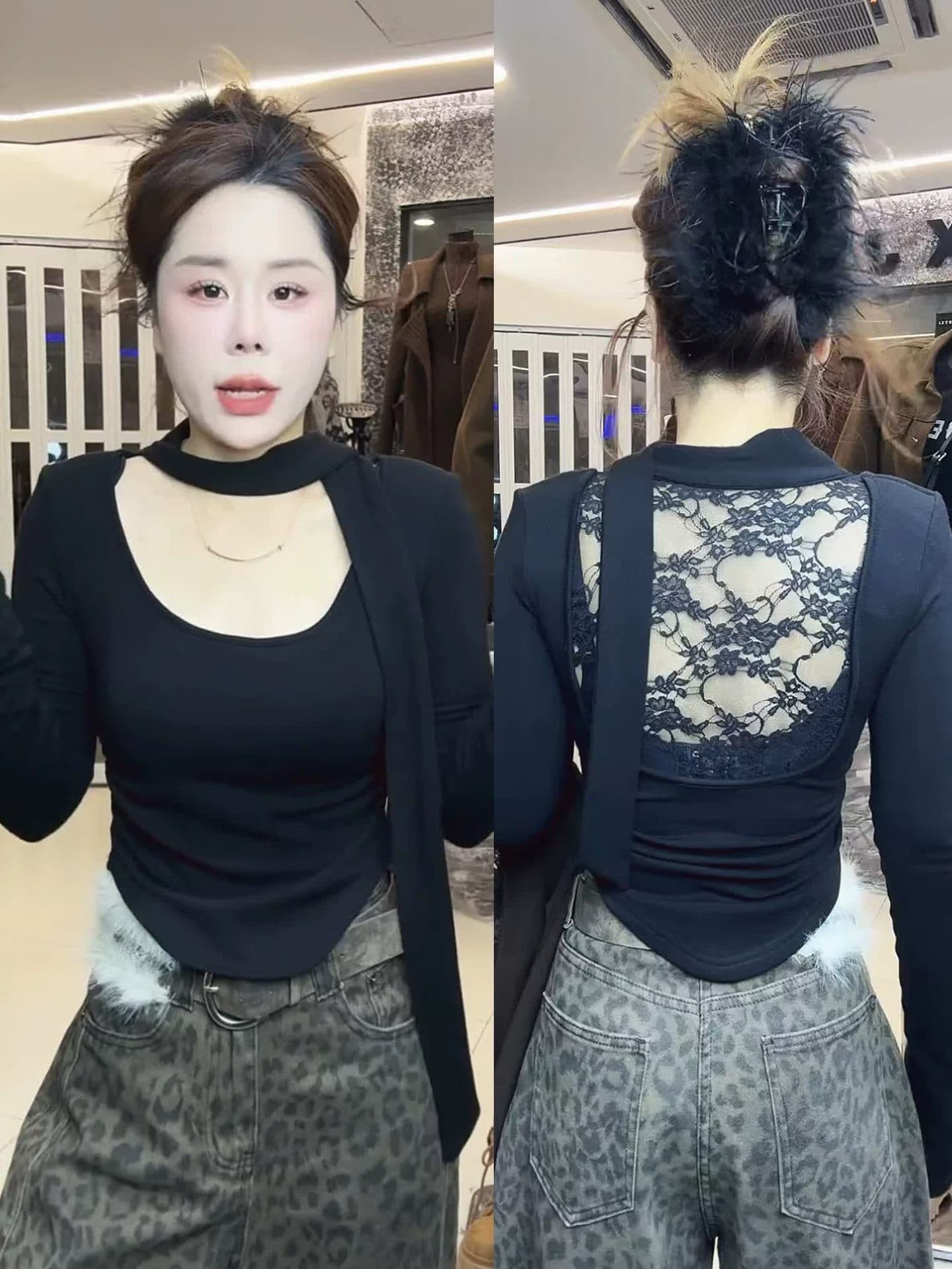 2026 가을 겨울 의류 순수한 욕망 u 칼라 리본 기본 셔츠 여성 섹시함 인사이드 가져 가라. 몸매 가꾸기 긴팔 티셔츠 핫걸 쇼트 스타일 맨위 상세 이미지 9