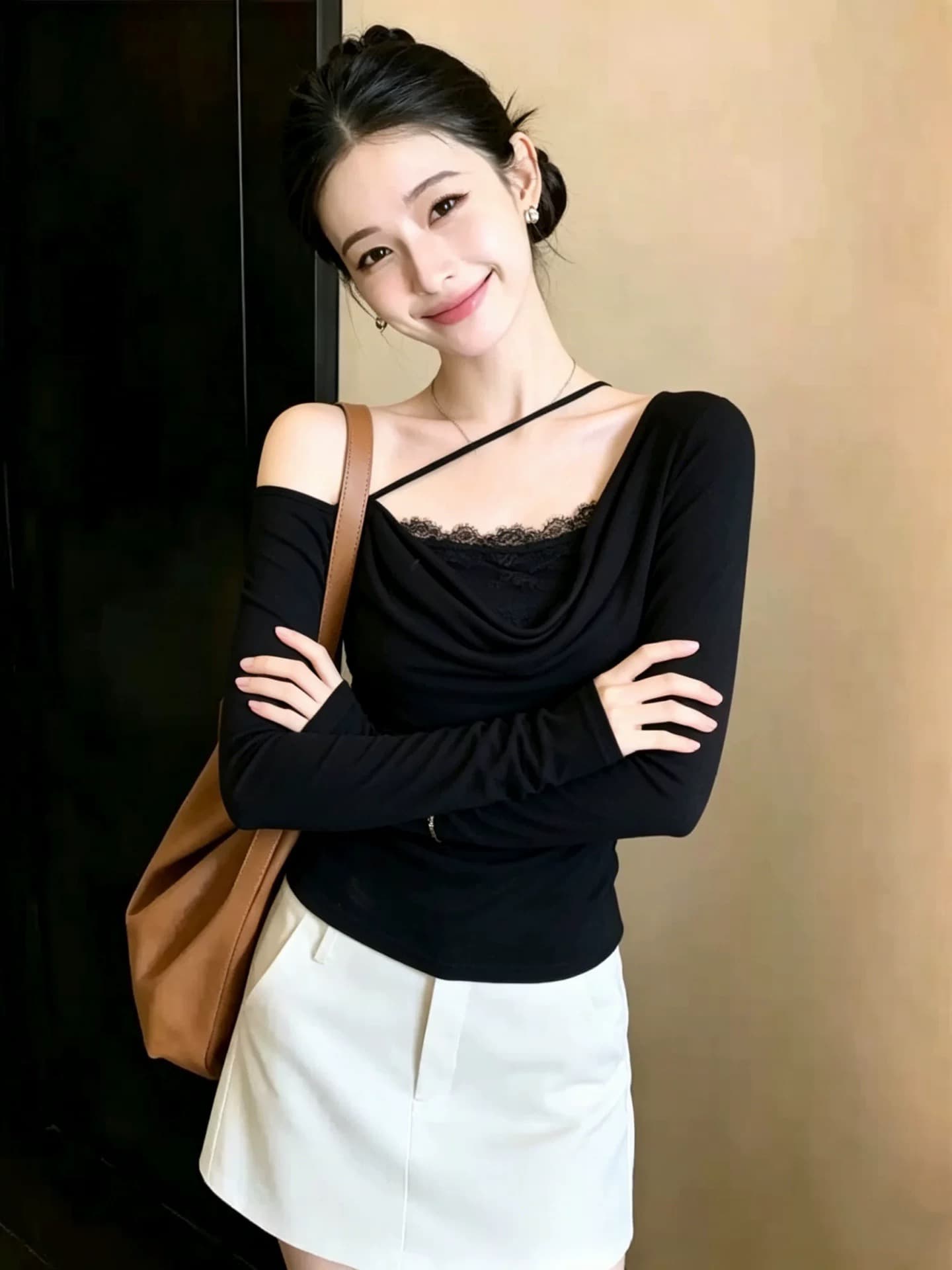 프랑스식 레이스 조각 긴팔 티셔츠 여성 여름 순수한 욕망 바람 섹시함 핫걸 몸매 가꾸기 슬림해 보이는 비스듬한 어깨 의류 상세 이미지 2