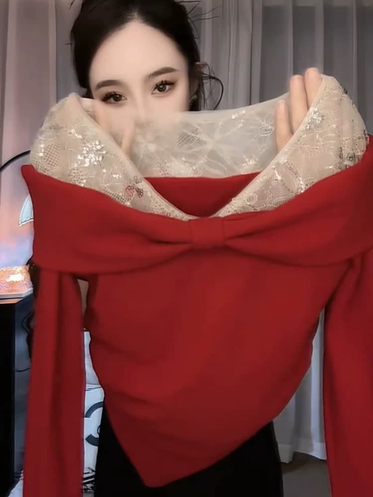 로얄 자매 바람 빨간색 레이스 조각 오프숄더 긴팔 티셔츠 2026 가을 새로운 빛 요리 한 작은 대중 아름다운 맨위 상세 이미지 6