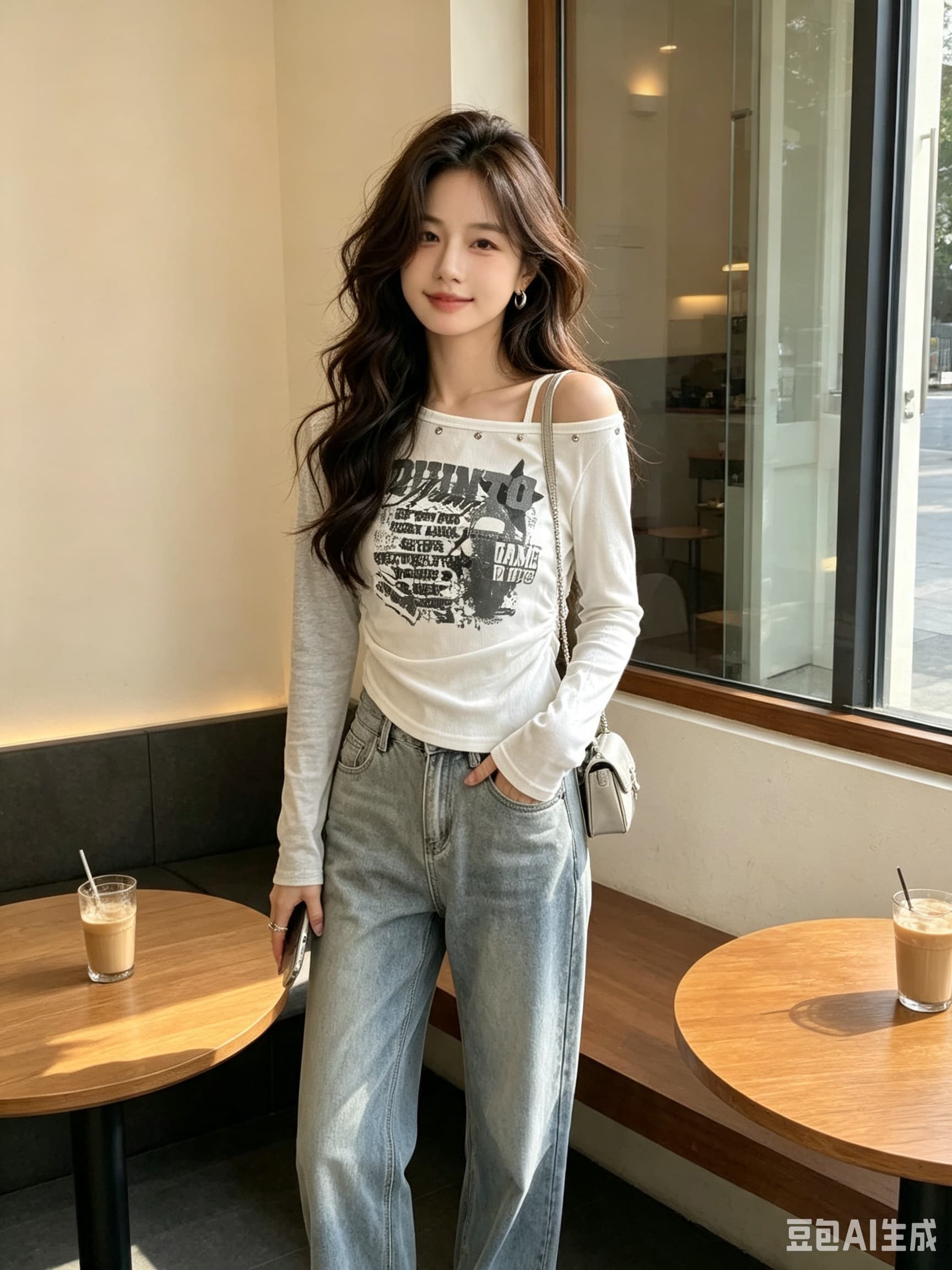 아메리칸 레트로 프린트 한 단어 오프숄더 달콤한 차가운 핫걸 슬립 긴팔 디자인 센스 비스듬한 어깨 가을 티셔츠 여성 몸매 가꾸기
