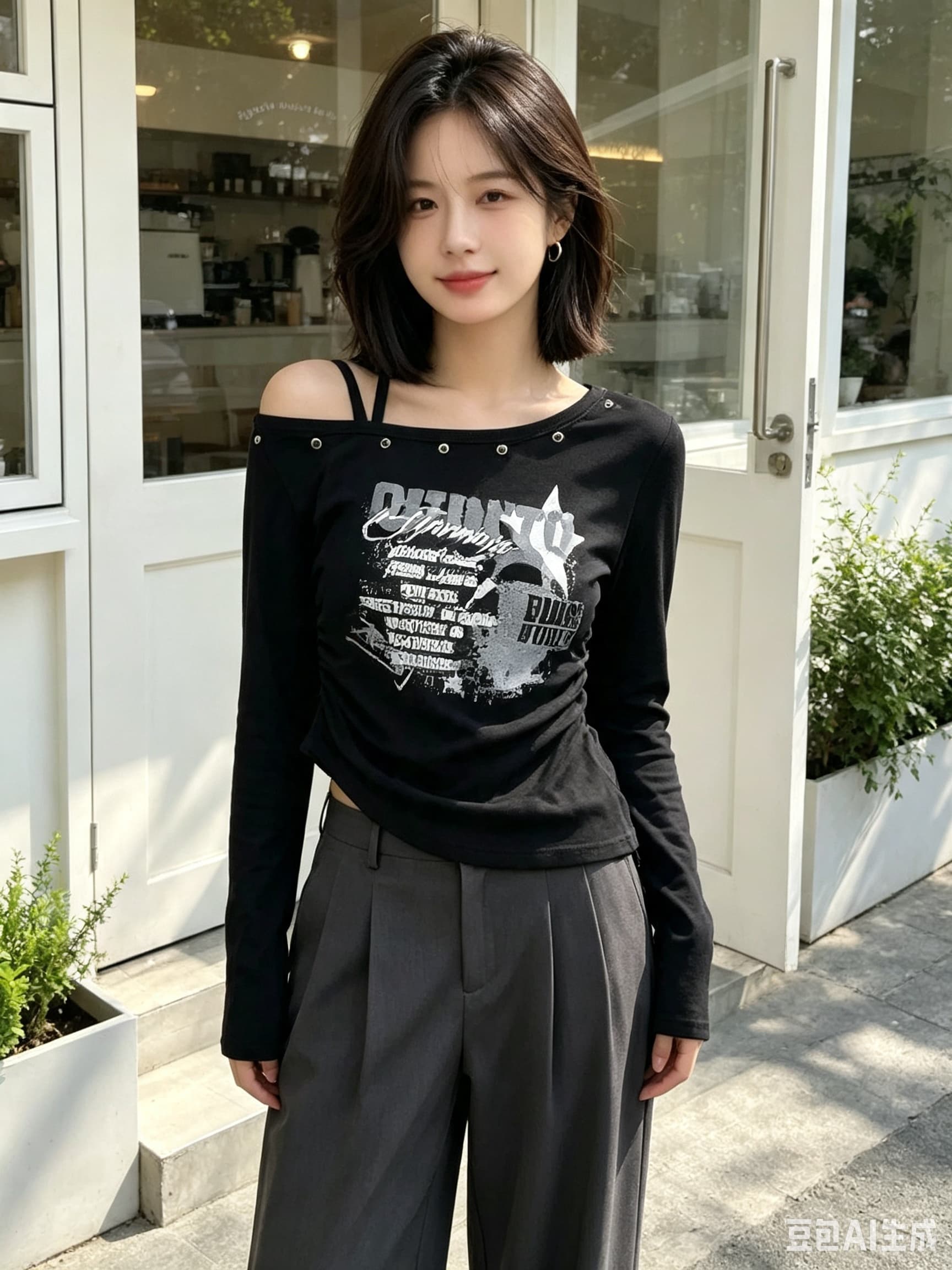 아메리칸 레트로 프린트 한 단어 오프숄더 달콤한 차가운 핫걸 슬립 긴팔 디자인 센스 비스듬한 어깨 가을 티셔츠 여성 몸매 가꾸기 상세 이미지 2