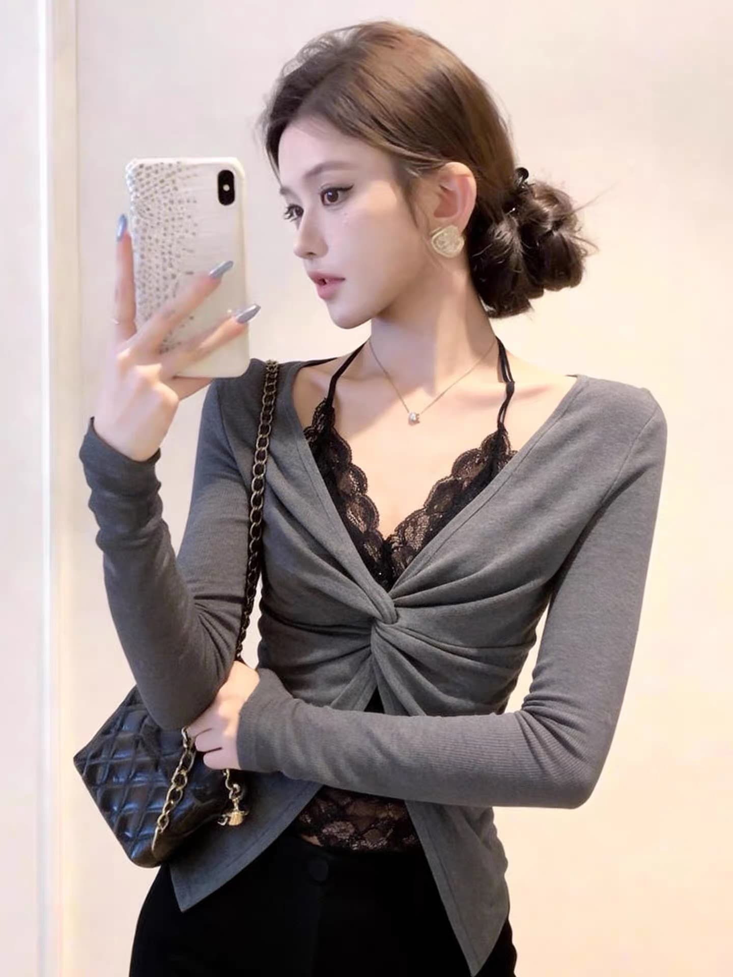 레드 맨 큐레이터 소매 기본 셔츠 여성 2026 새로운 가을 한 부서 착용 가져 가라. 레이스 티셔츠 페이크 레이어드 핫걸 맨위 이미지 3