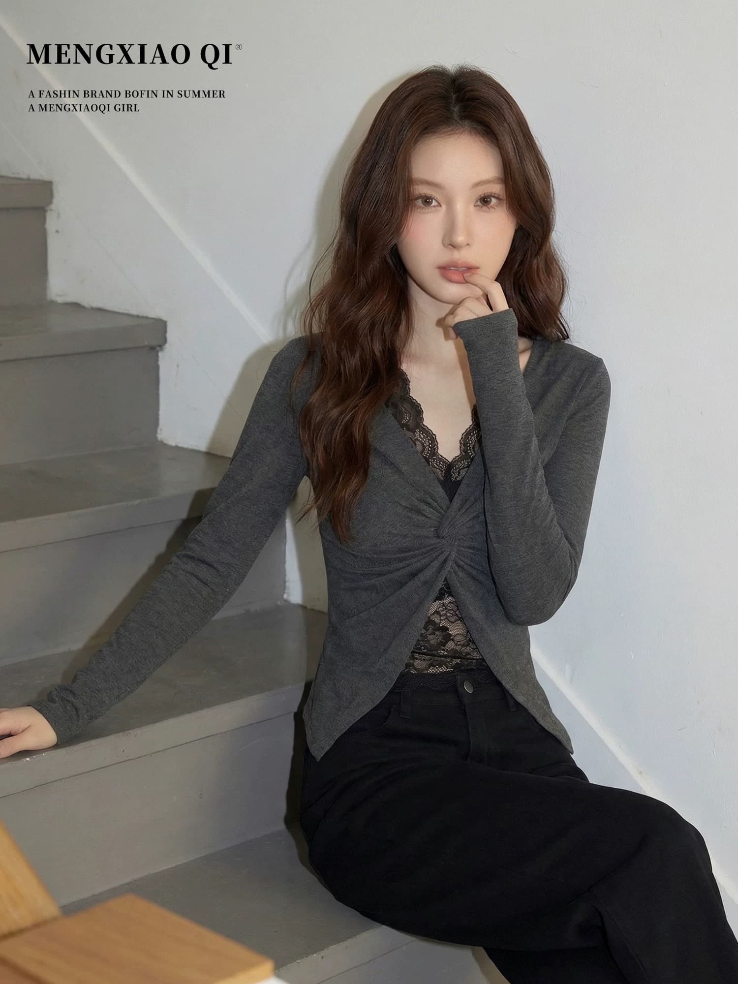 레드 맨 큐레이터 소매 기본 셔츠 여성 2026 새로운 가을 한 부서 착용 가져 가라. 레이스 티셔츠 페이크 레이어드 핫걸 맨위 상세 이미지 9
