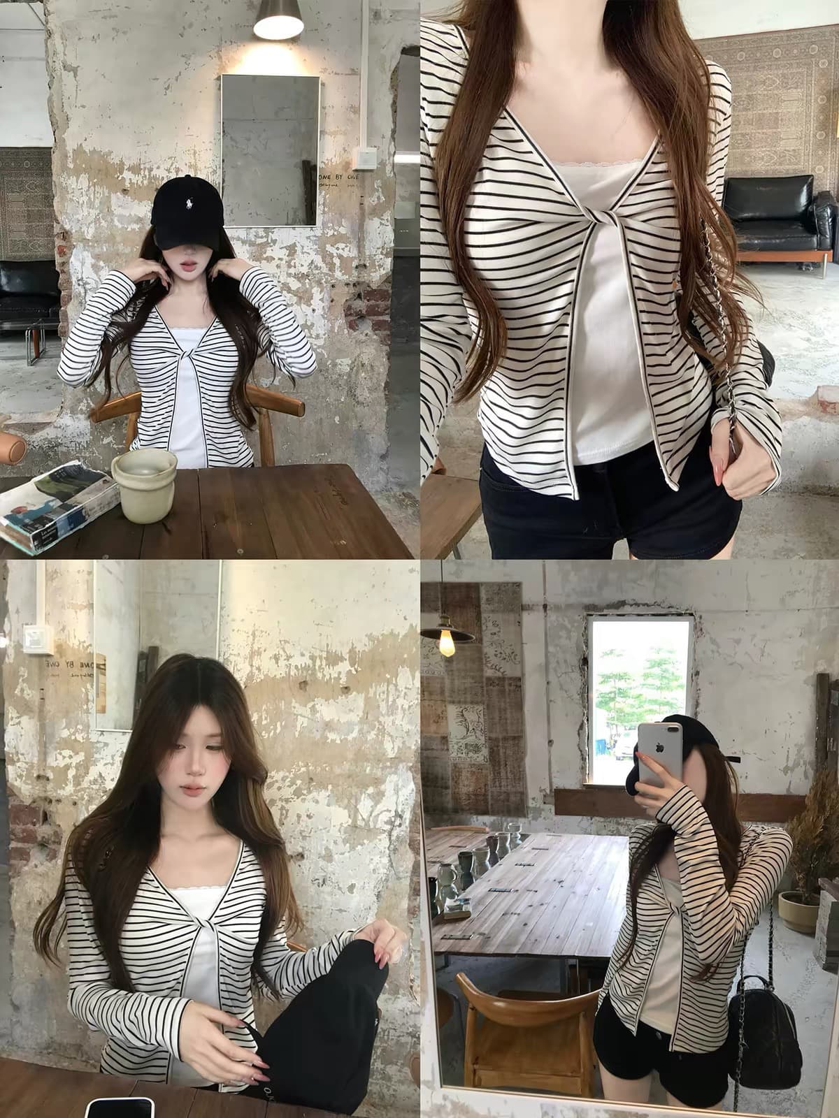 송 긍정적 인 En 흰색 배경 블랙 스트라이프 페이크 레이어드 긴팔 티셔츠 여성 가을 한 부서 몸매 가꾸기 고급 슬림해 보이는 쇼트 스타일 맨위 상세 이미지 8