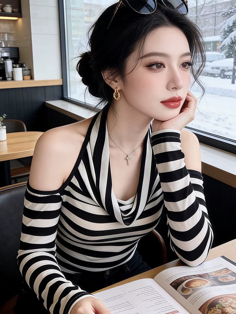 한 부서 배색 스트라이프 행침 목 패션 긴팔 티셔츠 여성 올해 인기 폭발 몸매 가꾸기 슬림해 보이는 기본 셔츠 맨위 이미지 3