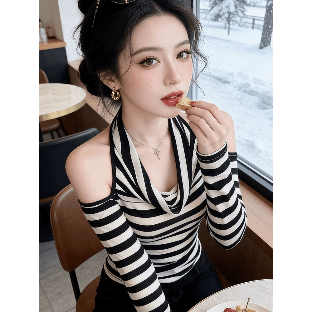 한 부서 배색 스트라이프 행침 목 패션 긴팔 티셔츠 여성 올해 인기 폭발 몸매 가꾸기 슬림해 보이는 기본 셔츠 맨위 이미지 5
