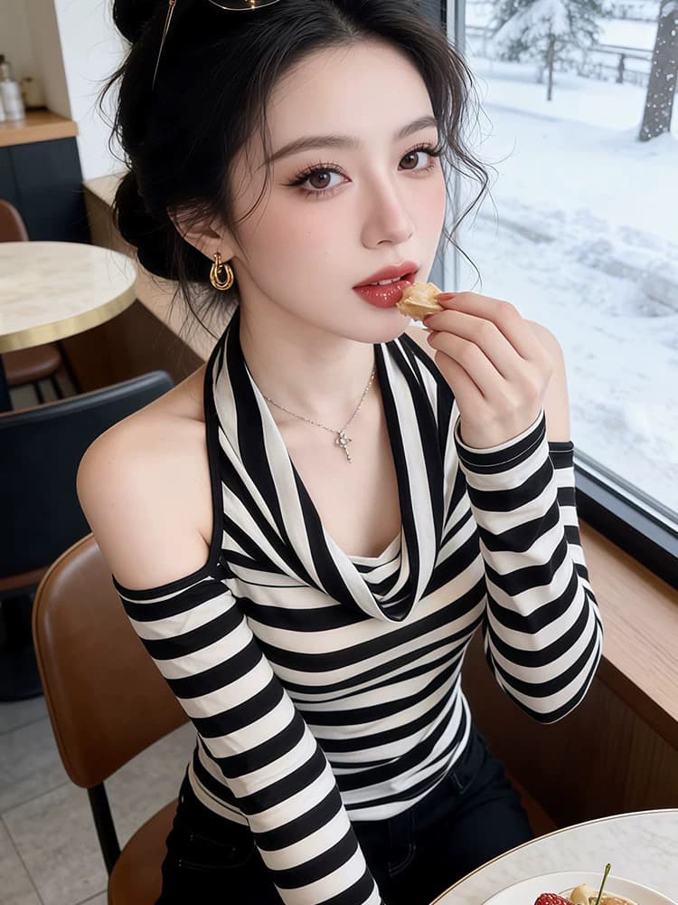 한 부서 배색 스트라이프 행침 목 패션 긴팔 티셔츠 여성 올해 인기 폭발 몸매 가꾸기 슬림해 보이는 기본 셔츠 맨위 상세 이미지 5