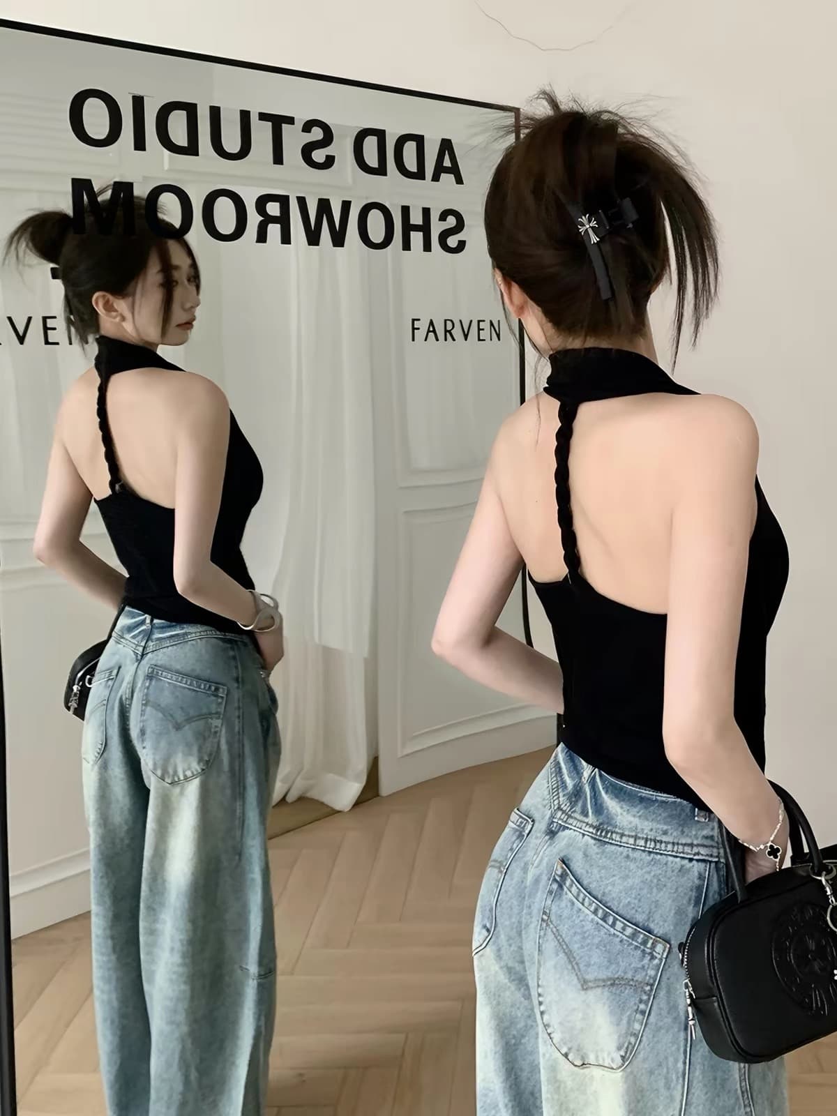 핫걸 섹시함 백리스 행침 목 작은 조끼 여성 여름 외출용 2025 새로운 순수한 욕망 흔들다 칼라 민소매 맨위 쇼트 스타일
