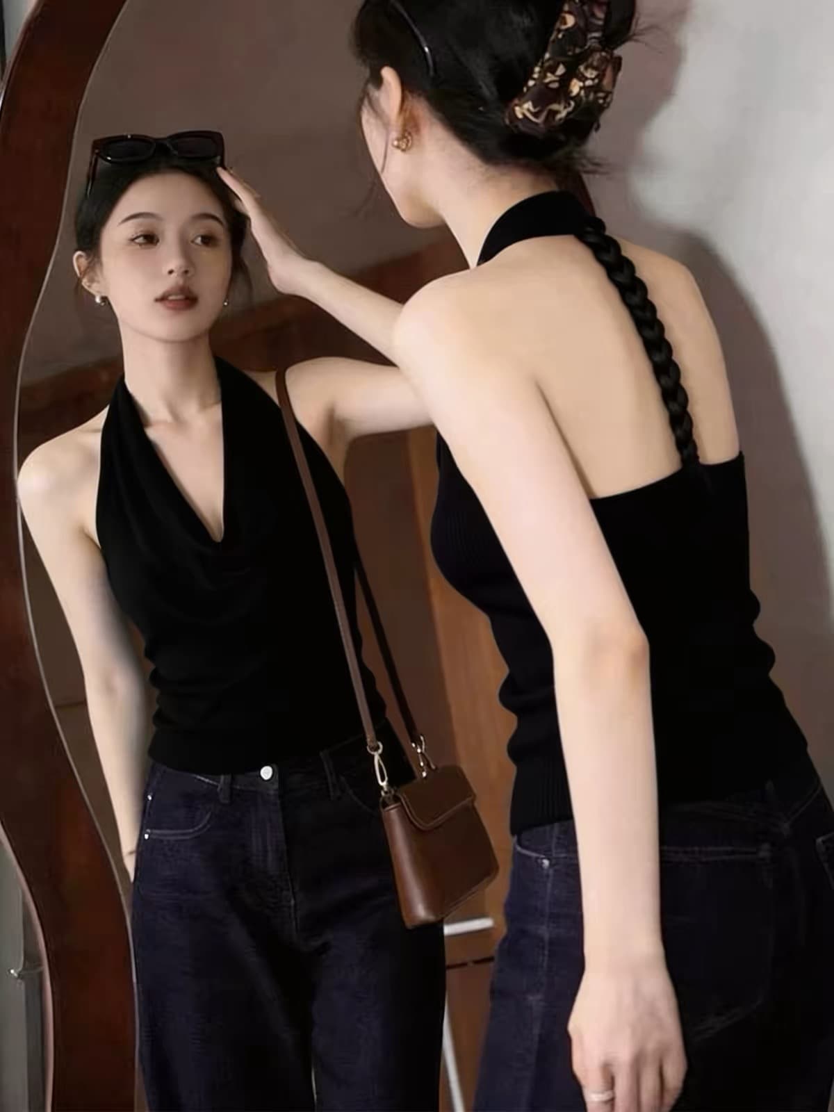 핫걸 백리스 흔들다 칼라 행침 목 캐미솔 여름 외출용 2026 새로운 디자인 센스 Chic 민소매 작은 맨위 상세 이미지 1