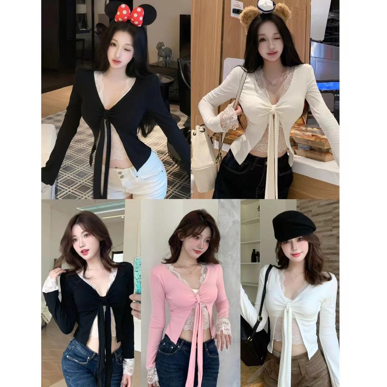 V넥 레이스 조각 레이스업 긴팔 맨위 여성 봄 가을 순수한 욕망 나팔 소매 몸매 가꾸기 홀로우 아웃 슬림해 보이는 만나는 작은 셔츠 이미지 2