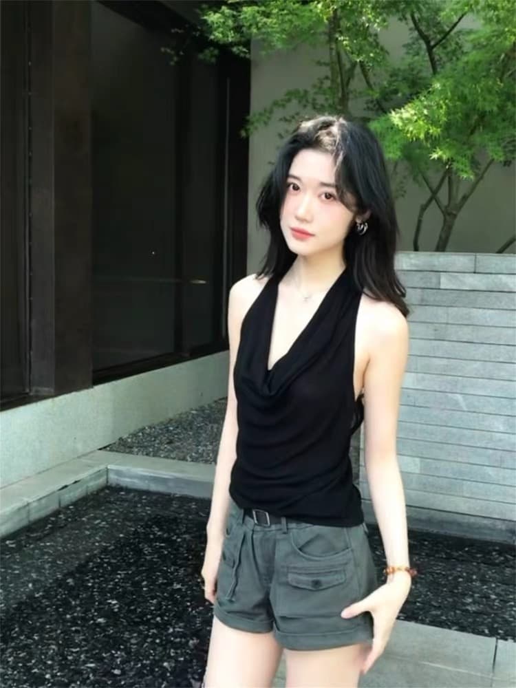 핫걸 섹시함 백리스 검정색 행침 목 작은 슬링 조끼 여성 여름 디자인 센스 외출용 순수한 욕망 흔들다 칼라 민소매 맨위 이미지 2