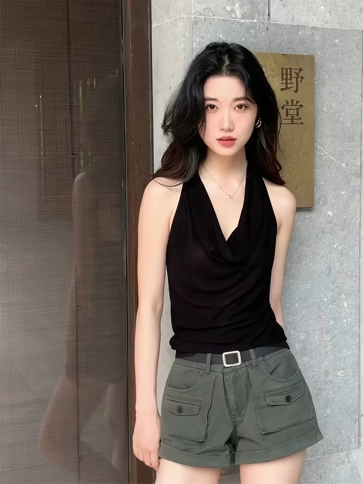 핫걸 섹시함 백리스 검정색 행침 목 작은 슬링 조끼 여성 여름 디자인 센스 외출용 순수한 욕망 흔들다 칼라 민소매 맨위 상세 이미지 2