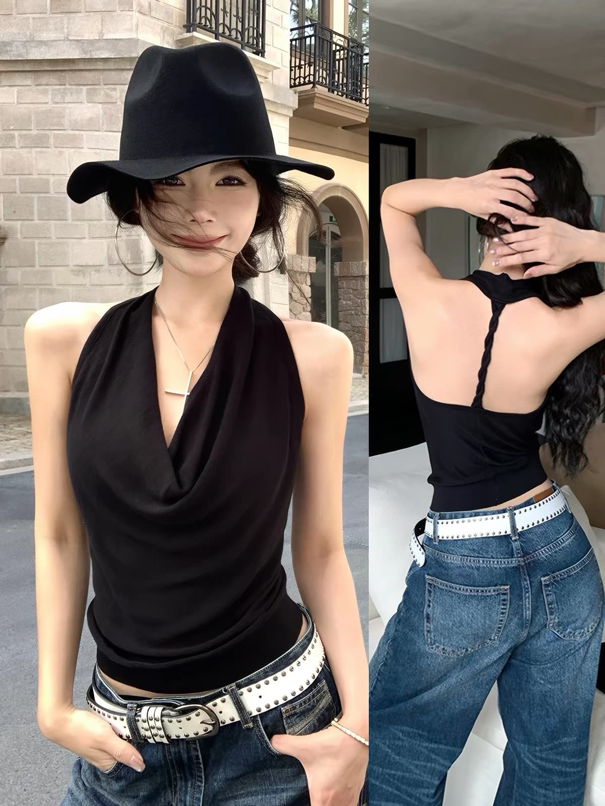 태국 사람 스타일 고유 한 백리스 행침 목 슬립 여성 외출용 여름 검정색 흔들다 칼라 민소매 단어 조끼 핫걸 짧은 맨위 상세 이미지 5