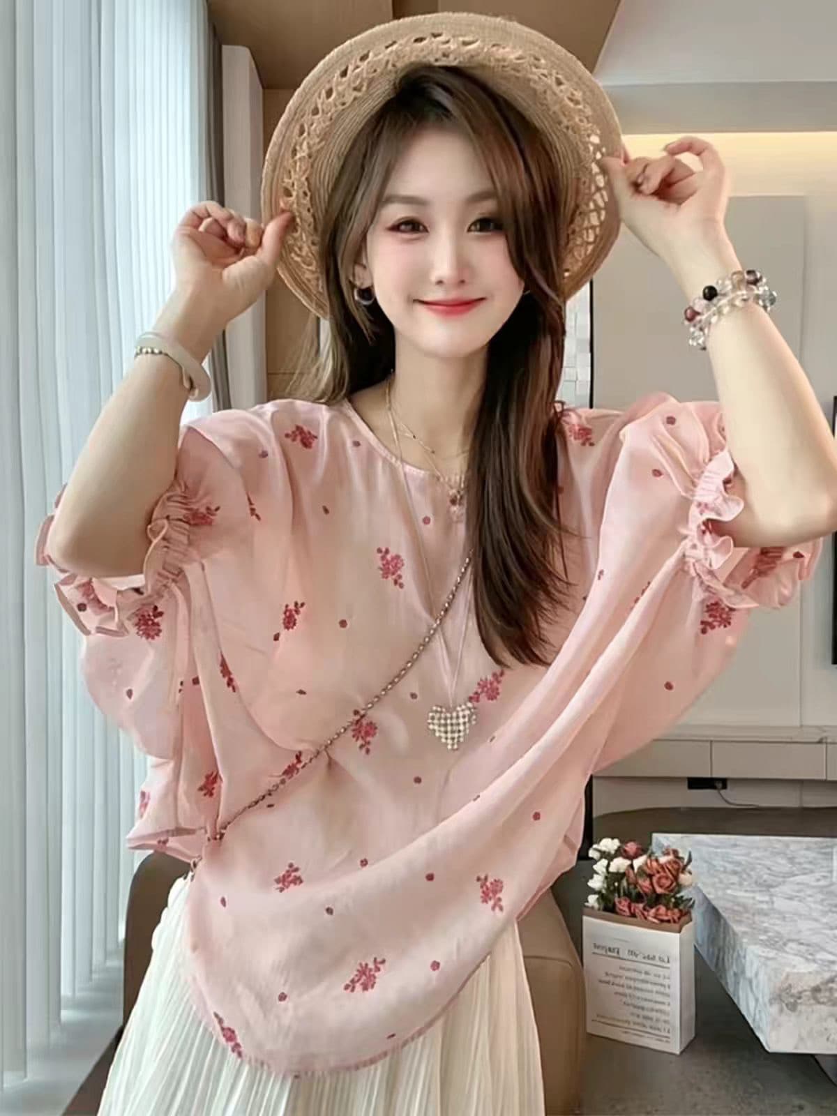 프랑스식 품격 핑크색 반팔 셔츠 여자 여름 드레스 2026 새로운 외국 가스 연령 감소 아름다운 얇은 스타일 꽃무늬 맨위 상세 이미지 7