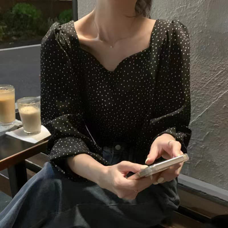 한국 chic 프랑스식 레트로 부드러운 광장 칼라 이슬 쇄골 도트 무늬 거품 소매 맨위 긴팔 셔츠