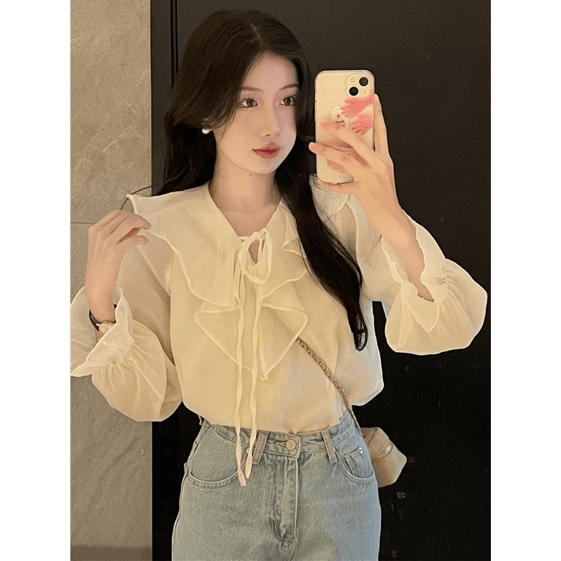 프랑스식 프릴 V넥 쉬폰 여성 셔츠 작은 대중 디자인 센스 2026 봄 가을 새로운 거품 소매 Chic 맨위 이미지 5