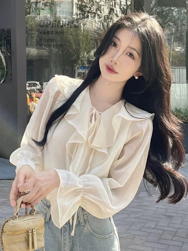 프랑스식 프릴 V넥 쉬폰 여성 셔츠 작은 대중 디자인 센스 2026 봄 가을 새로운 거품 소매 Chic 맨위 상세 이미지 2