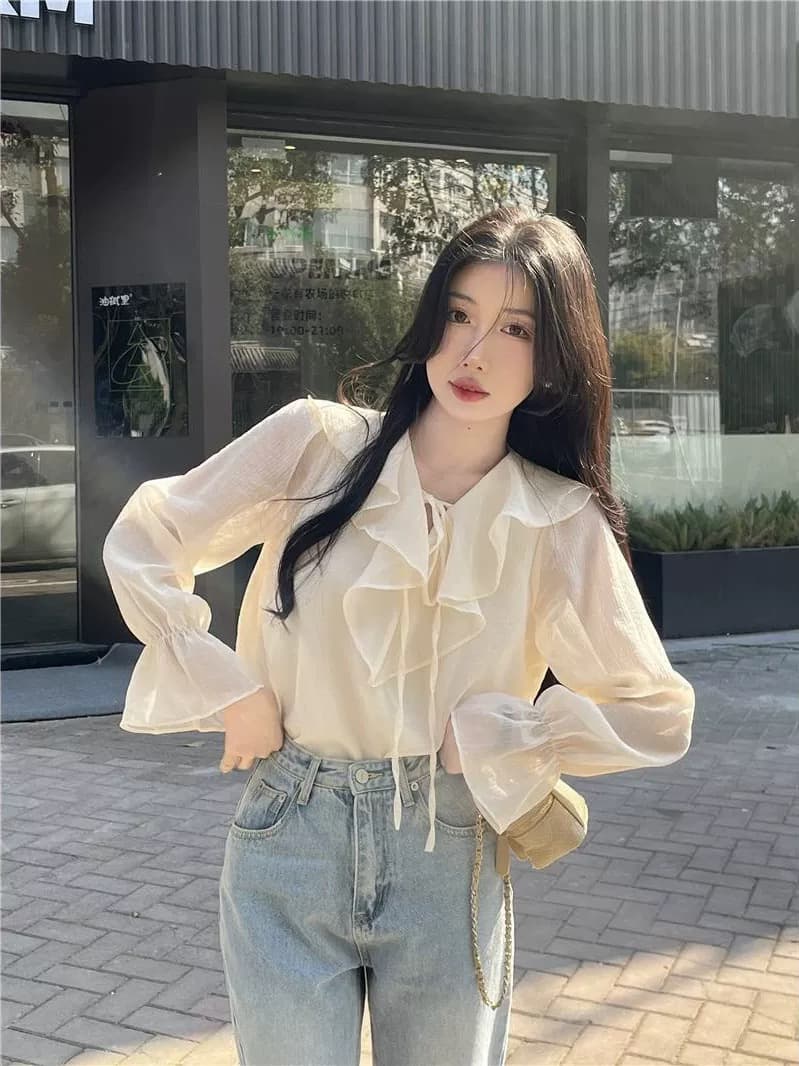 프랑스식 프릴 V넥 쉬폰 여성 셔츠 작은 대중 디자인 센스 2026 봄 가을 새로운 거품 소매 Chic 맨위 상세 이미지 4