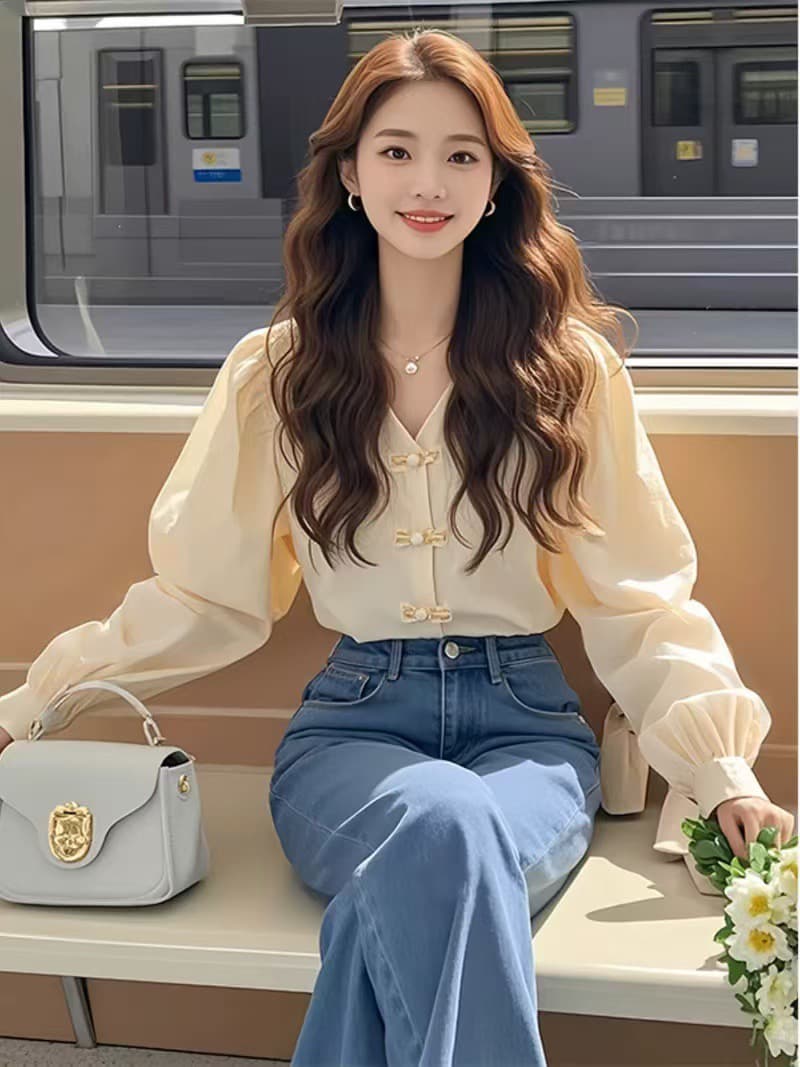 작은 셔츠 새로운 중식 살구 색상 단추 긴팔 셔츠 2025 새로운 품격 고급 센스 프랑스식 맨위 셔츠 여성 의류 상세 이미지 3
