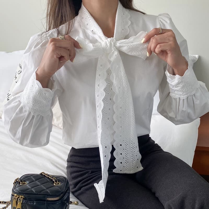 가을 고유 한 Chic 나비 매듭 레이스 업 셔츠 여성 의류 디자인 센스 작은 대중 품격 긴팔 셔츠 여성 이미지 5