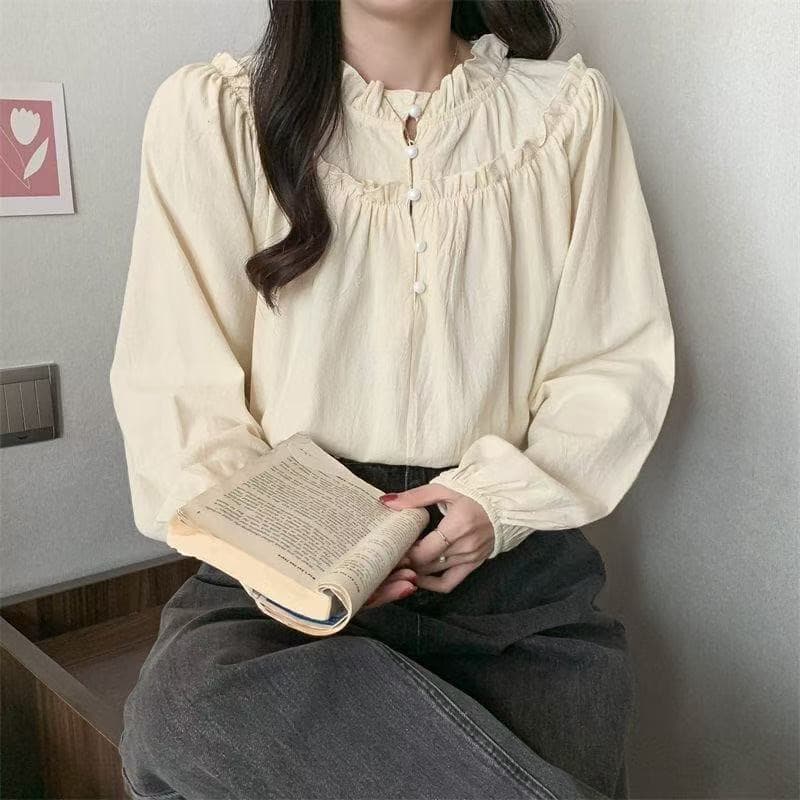 프랑스식 레트로 2026 귀 긴팔 셔츠 디자인 센스 작은 대중 새로운 루즈핏 슈퍼 요정 로드 중 맨위 상세 이미지 5