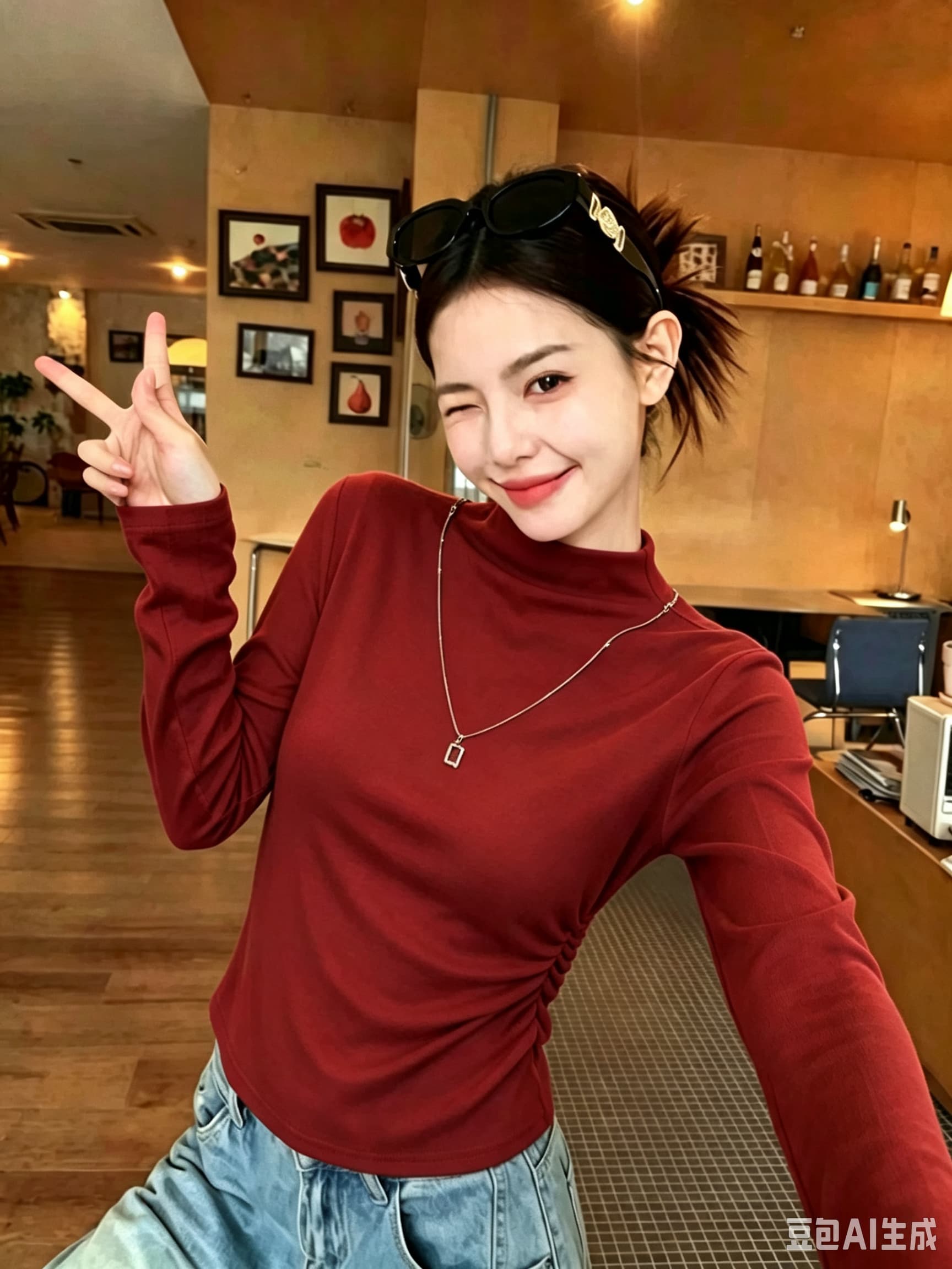 한 부서 품격 반하이넥 긍정적 인 어깨 긴팔 티셔츠 여성 2026 가을 새로운 주름 허리 수축 슬림해 보이는 만나는 맨위