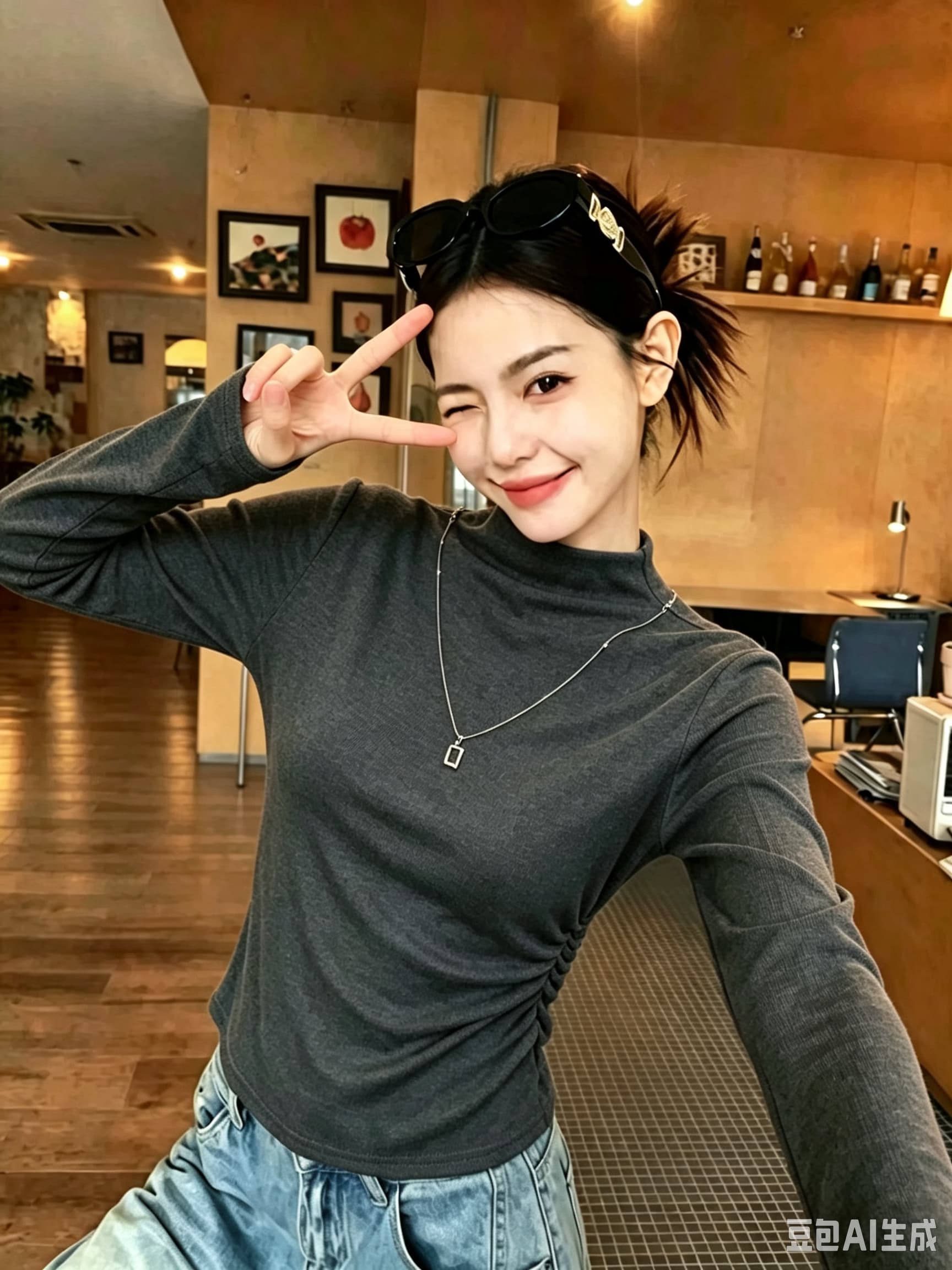 한 부서 품격 반하이넥 긍정적 인 어깨 긴팔 티셔츠 여성 2026 가을 새로운 주름 허리 수축 슬림해 보이는 만나는 맨위 이미지 3