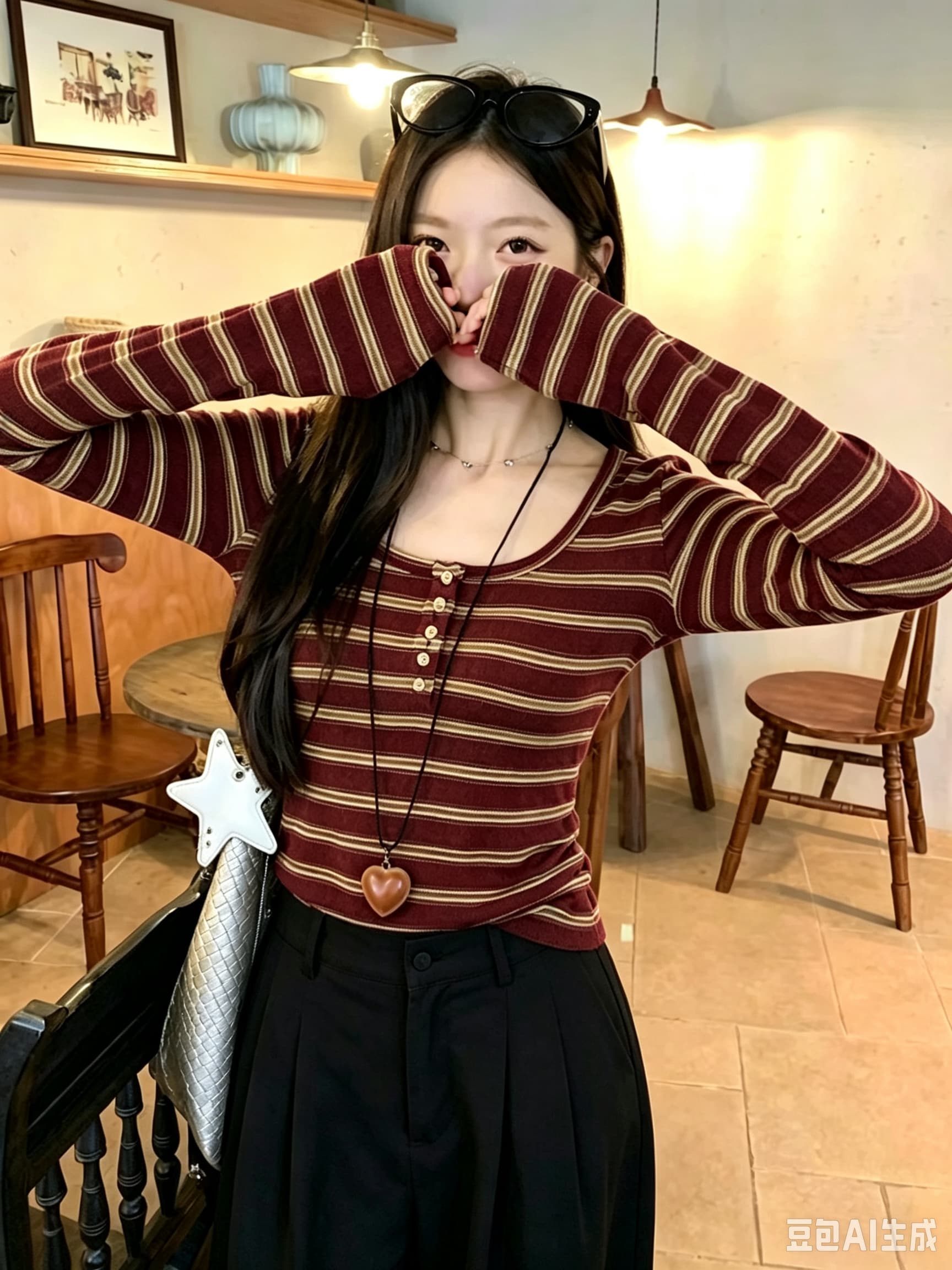 양모 원본 원단 인사이드 가져 가라. 기본 셔츠 가을 새로운 긴팔 티셔츠 여성 의류 작은 대중 스트라이프 맨위 이미지 4