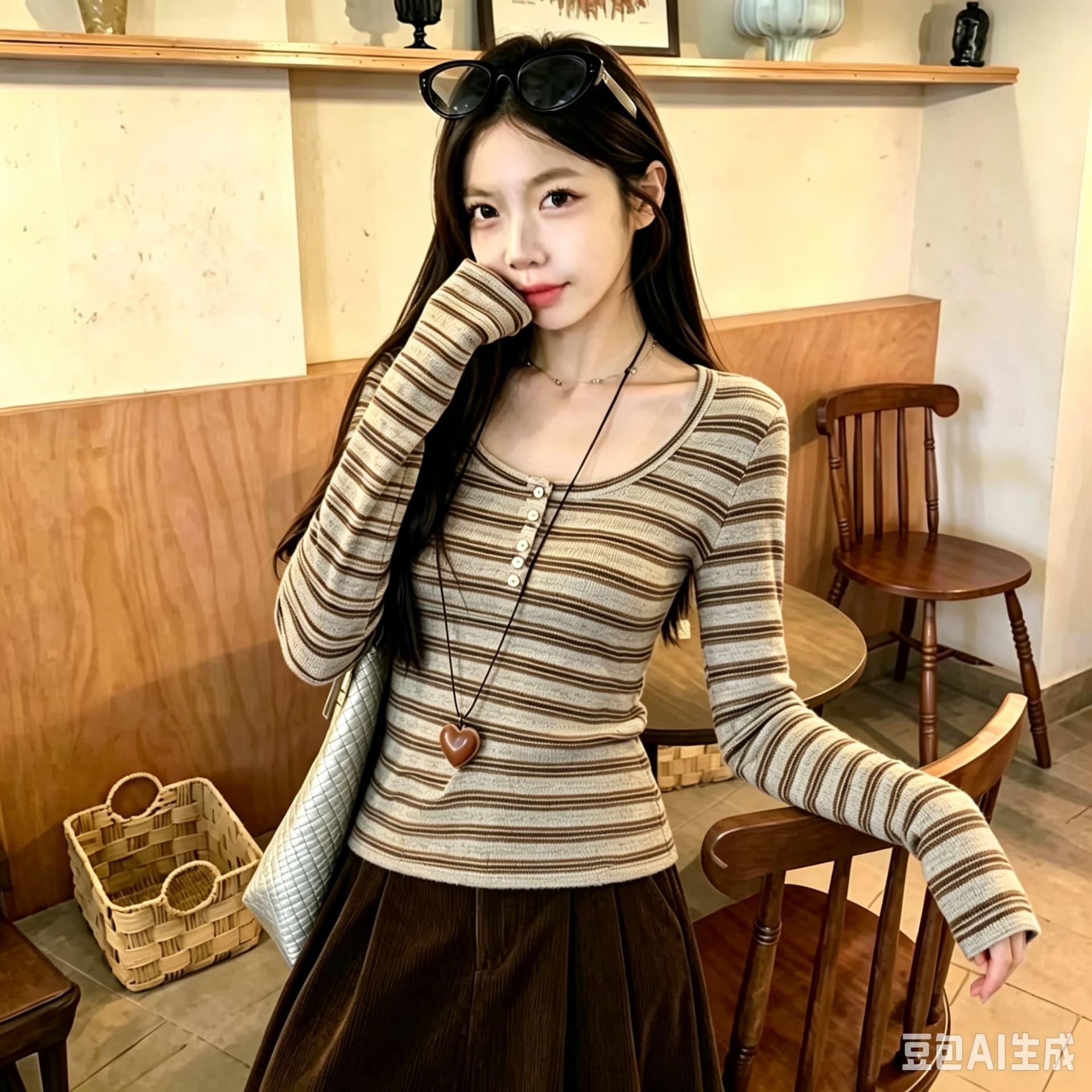 양모 원본 원단 인사이드 가져 가라. 기본 셔츠 가을 새로운 긴팔 티셔츠 여성 의류 작은 대중 스트라이프 맨위 이미지 5