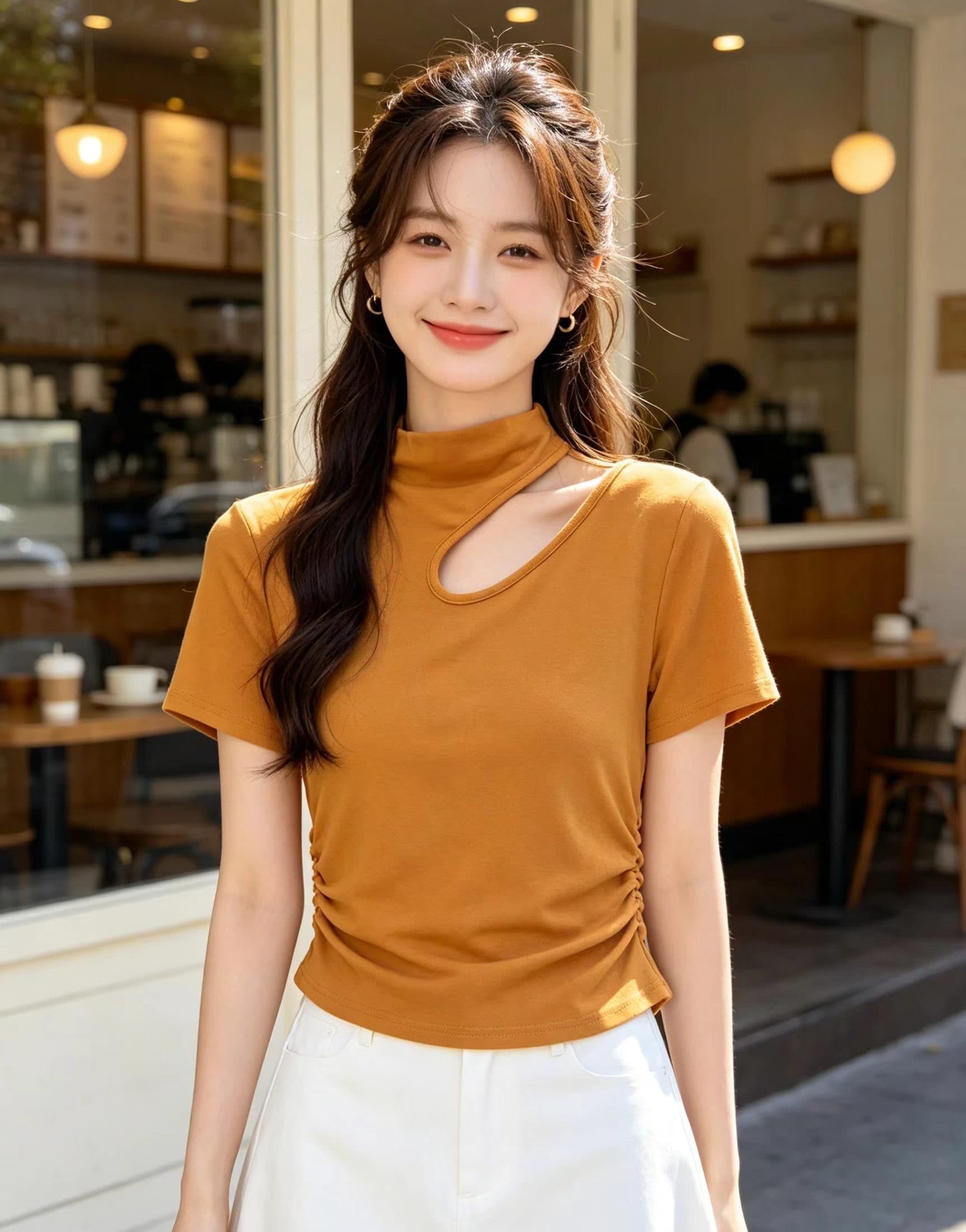 반하이넥 반팔 티셔츠 여성 2026 새로운 홀로우 아웃 작은 대중 디자인 센스 인사이드 가져 가라. 몸매 가꾸기 슬림해 보이는 허리 수축 맨위 트렌디