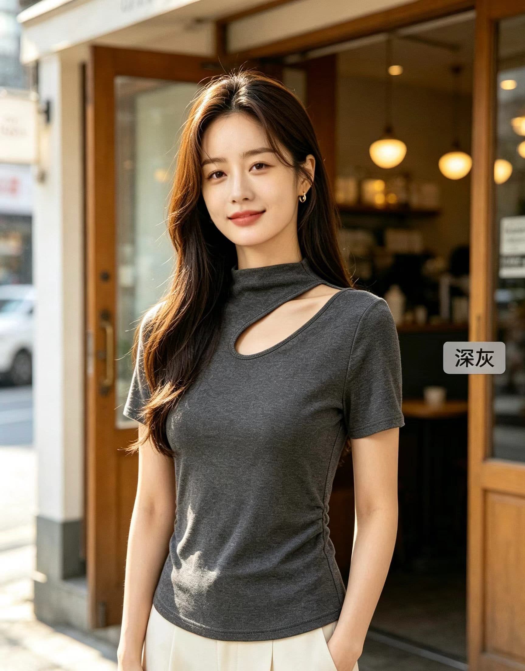 반하이넥 반팔 티셔츠 여성 2026 새로운 홀로우 아웃 작은 대중 디자인 센스 인사이드 가져 가라. 몸매 가꾸기 슬림해 보이는 허리 수축 맨위 트렌디 이미지 2