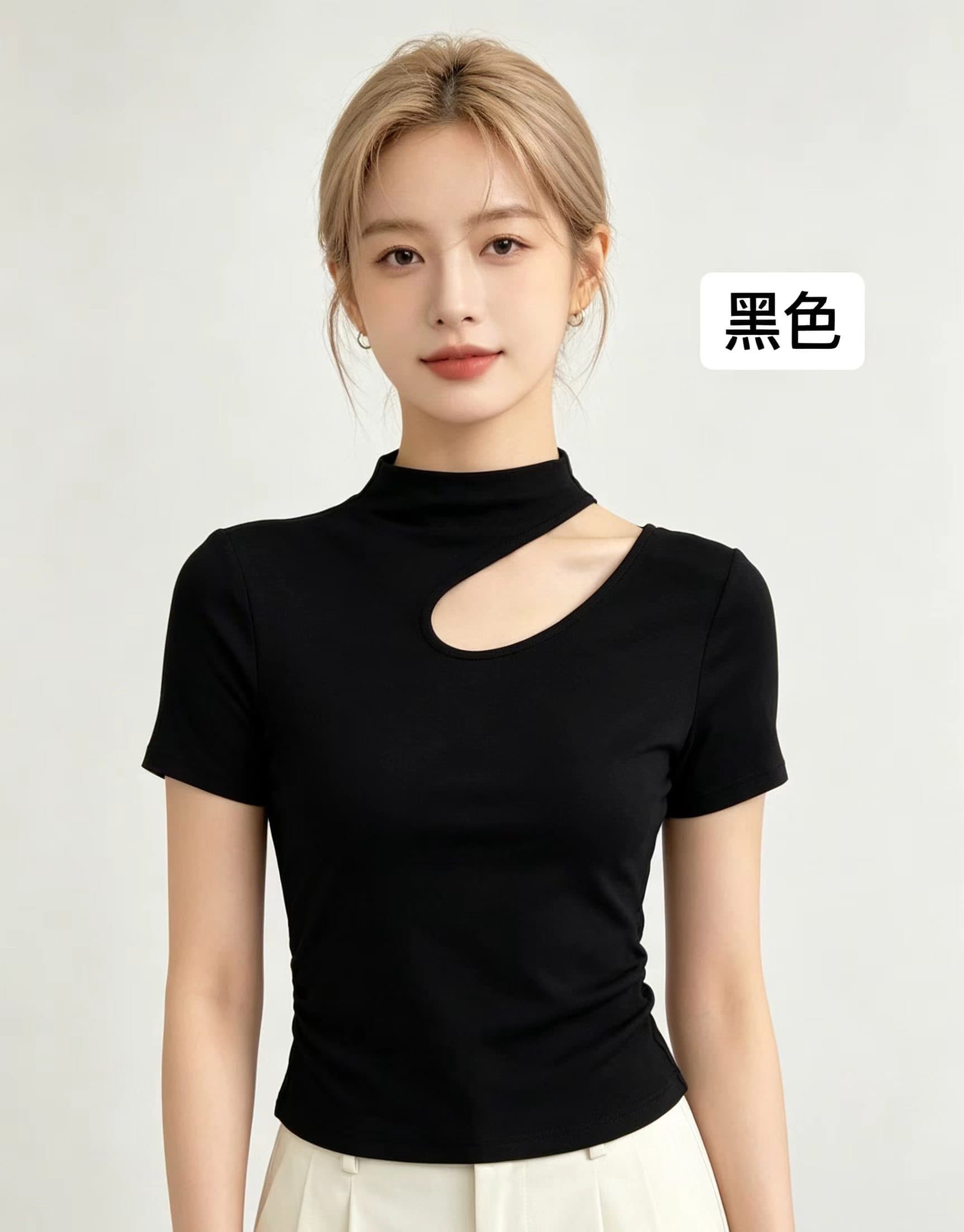 반하이넥 반팔 티셔츠 여성 2026 새로운 홀로우 아웃 작은 대중 디자인 센스 인사이드 가져 가라. 몸매 가꾸기 슬림해 보이는 허리 수축 맨위 트렌디 상세 이미지 3