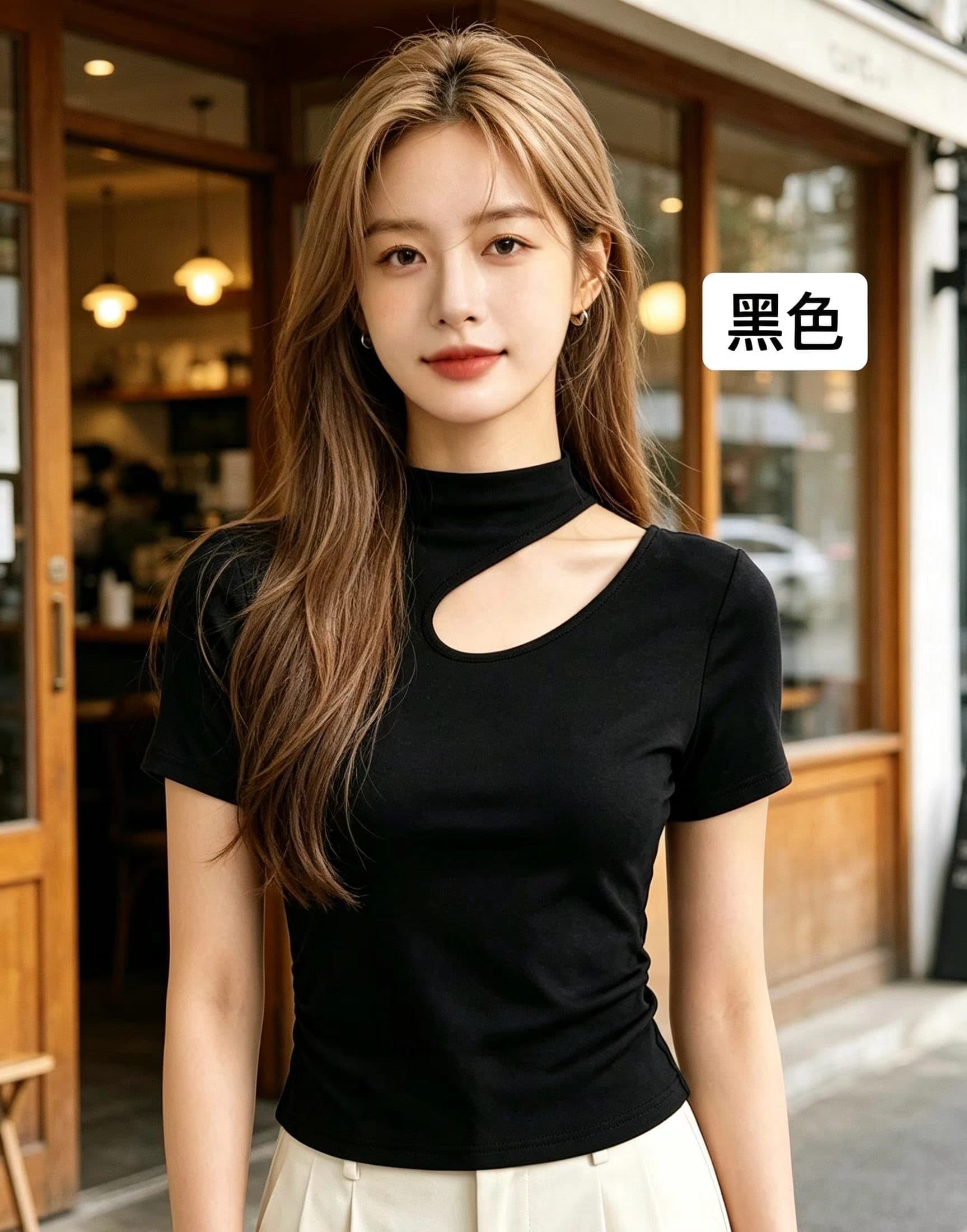 반하이넥 반팔 티셔츠 여성 2026 새로운 홀로우 아웃 작은 대중 디자인 센스 인사이드 가져 가라. 몸매 가꾸기 슬림해 보이는 허리 수축 맨위 트렌디 상세 이미지 5