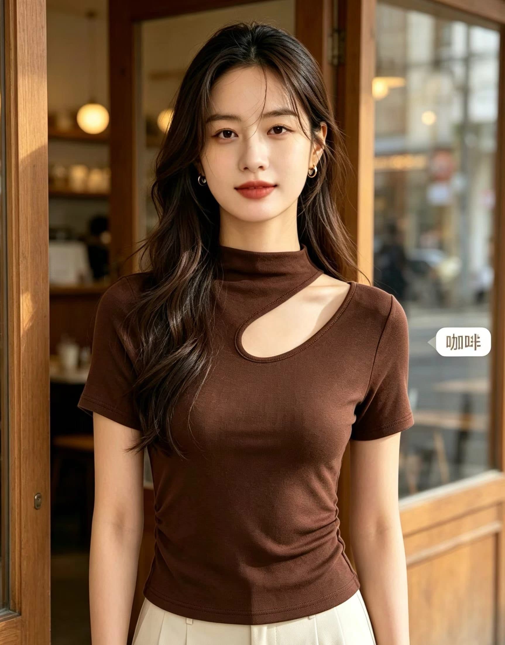 반하이넥 반팔 티셔츠 여성 2026 새로운 홀로우 아웃 작은 대중 디자인 센스 인사이드 가져 가라. 몸매 가꾸기 슬림해 보이는 허리 수축 맨위 트렌디 상세 이미지 6