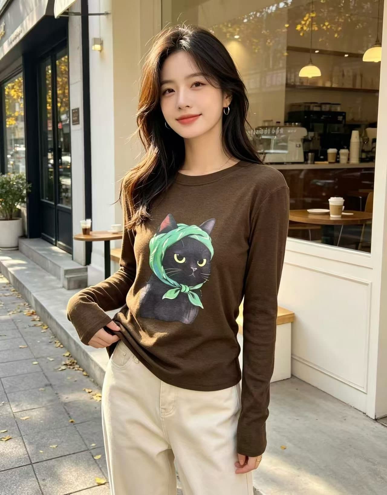 2026 가을 새로운 한국 스타일 패션 유머러스 고양이 프린트 긴팔 티셔츠 여성 루즈핏 느긋한 바람 캐주얼 맨위 상세 이미지 2